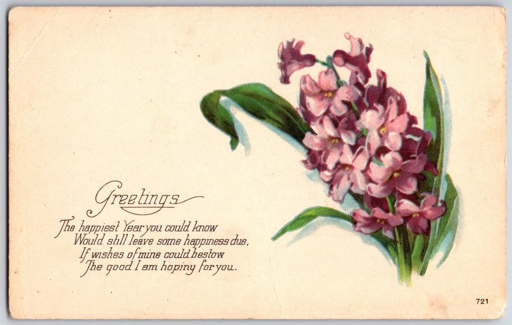 New Year Greetings Hyacinth Flowers Karle Lithographic Series 721 Postcard