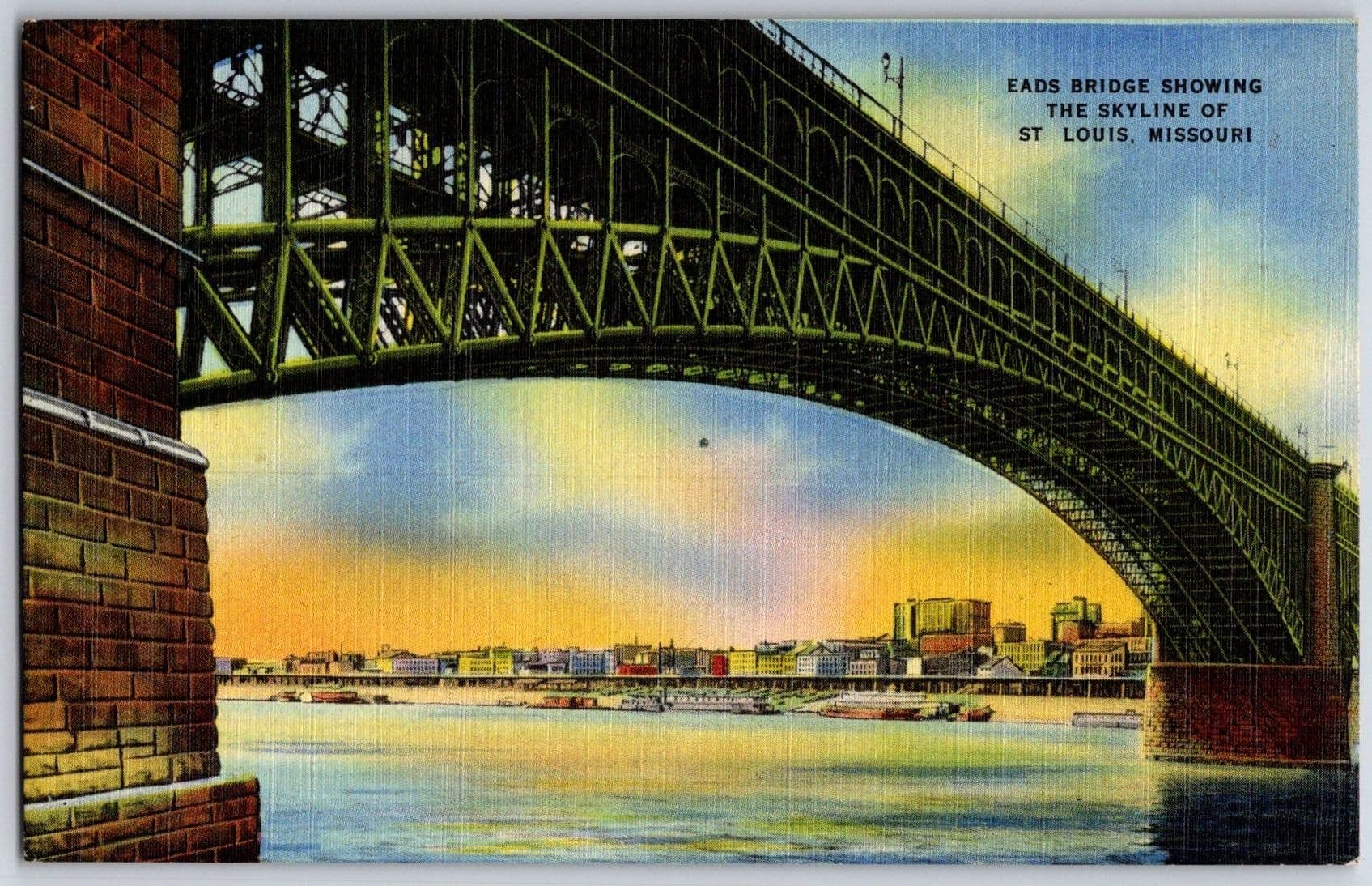 EADS BRIDGE St. Louis Missouri Skyline River Linen Postcard