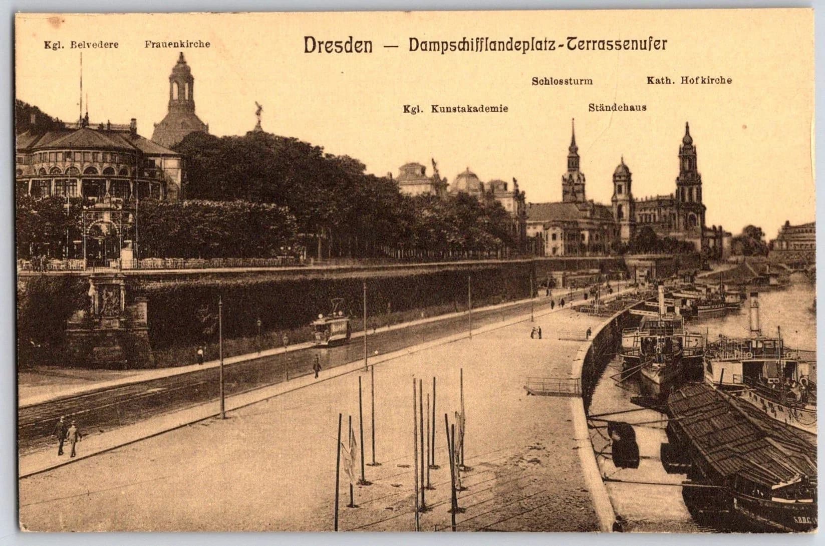Dresden Germany Terrassenufer Elbe Paddle Steamers Hofkirche Postcard