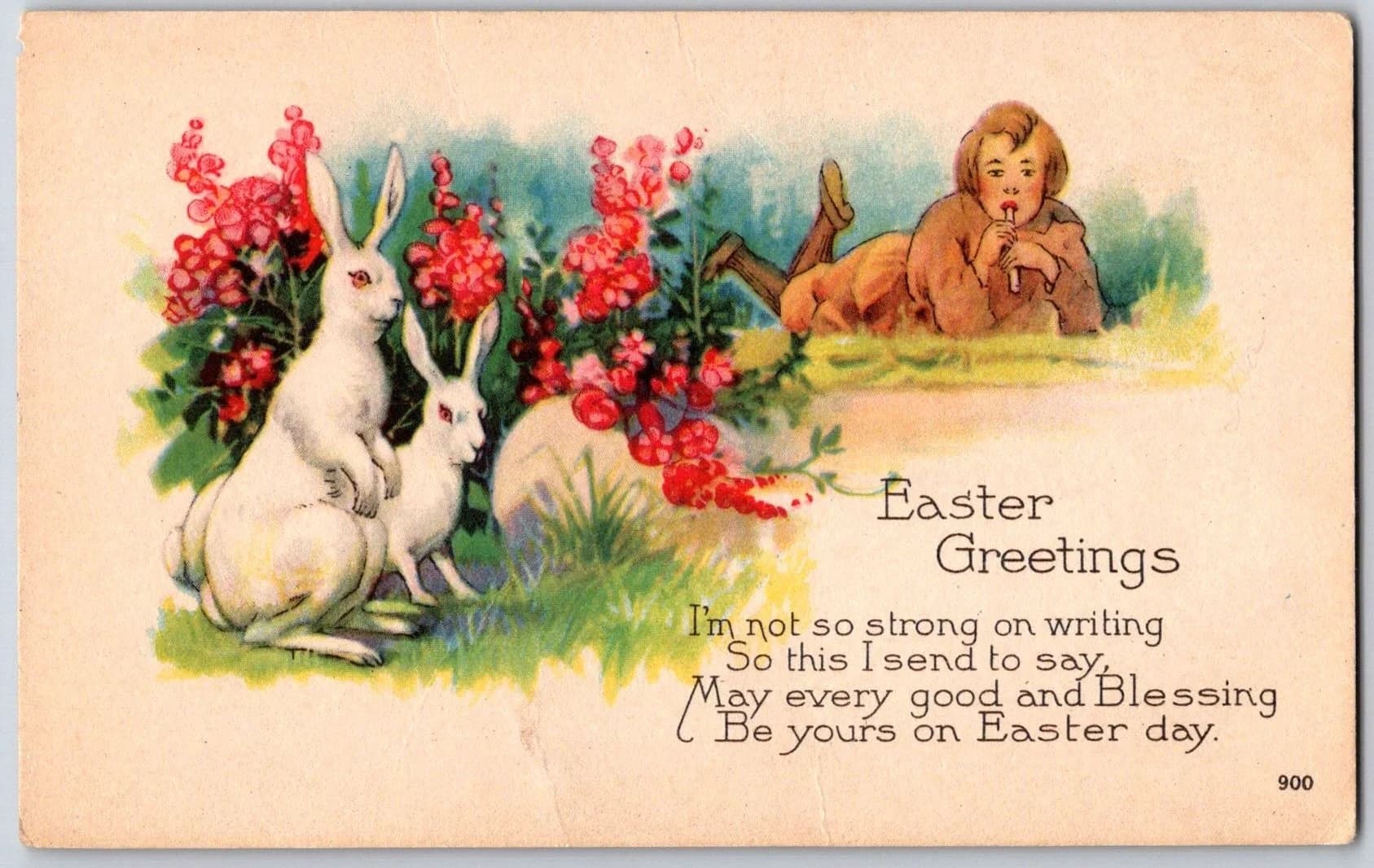Easter Greetings Rabbits Child Playing Recorder Series 900 Made in USA Postcard