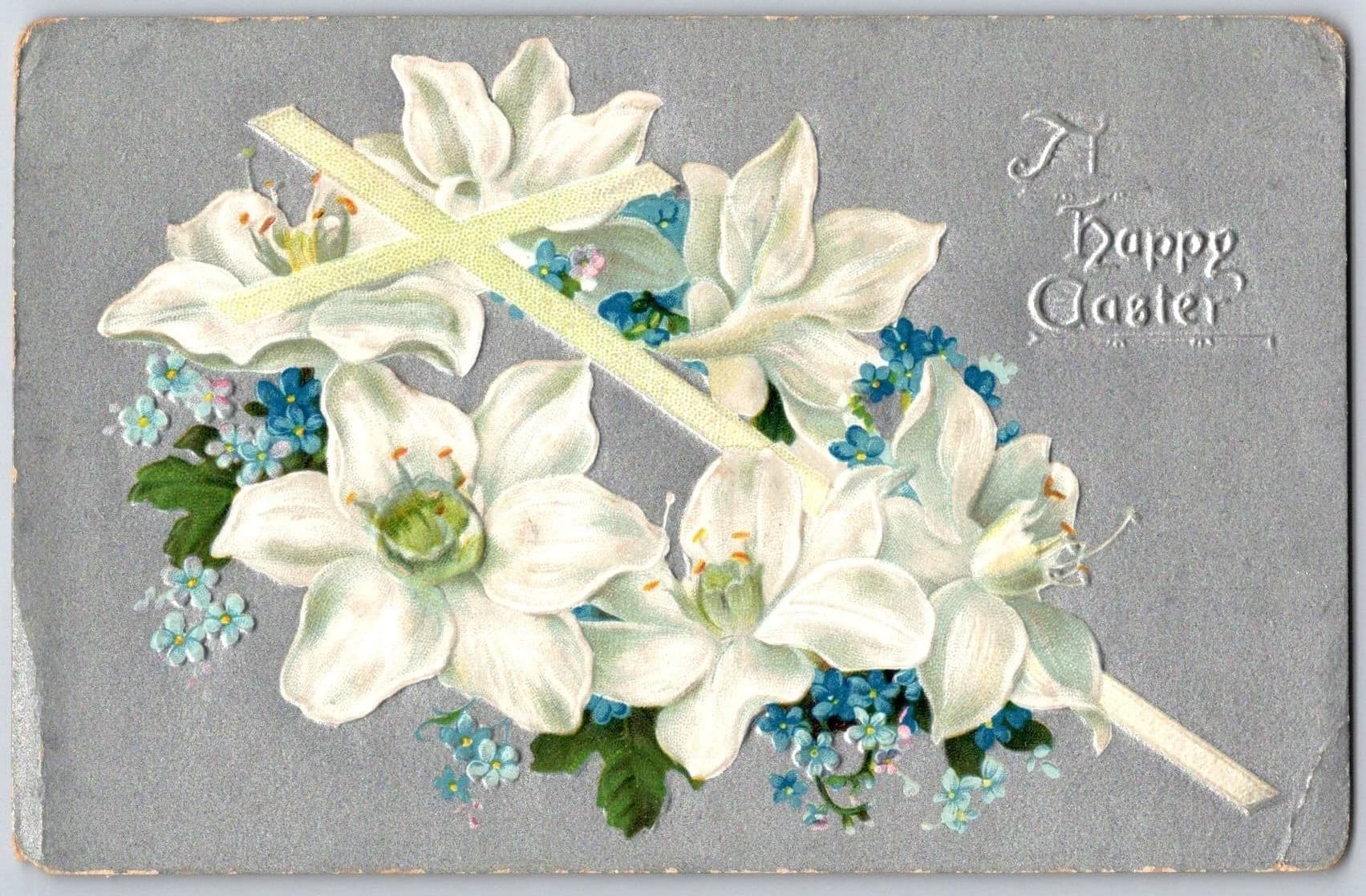 Happy Easter Lilies Forget-Me-Nots Embossed Raphael Tuck Saxony Postcard