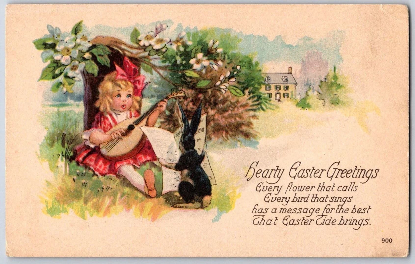 Easter Greetings Girl with Mandolin Rabbits Flowering Branch Postcard