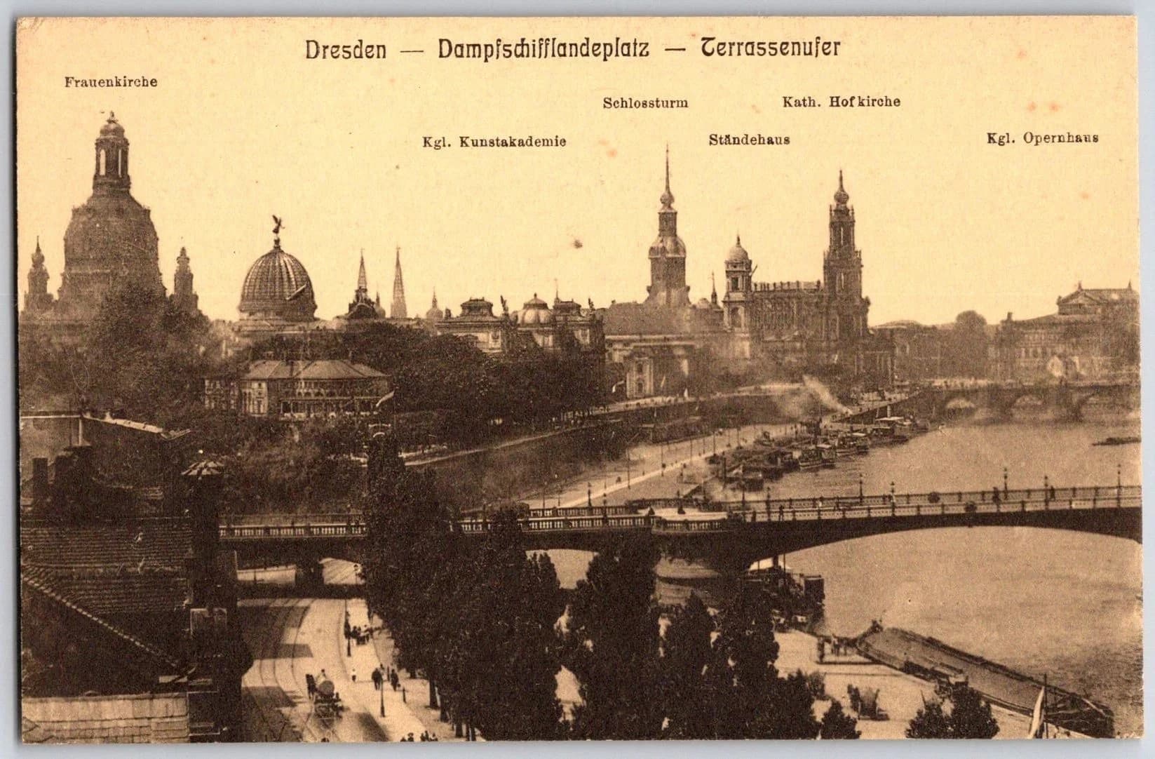 Dresden Germany Terrassenufer Elbe Steamship Landing Frauenkirche Postcard