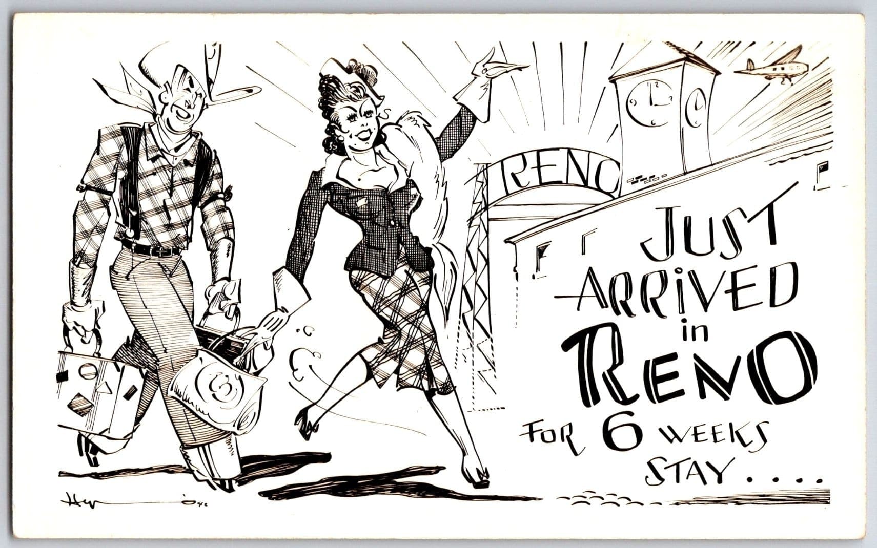 JUST ARRIVED in RENO Travelers Humorous Illustration Postcard