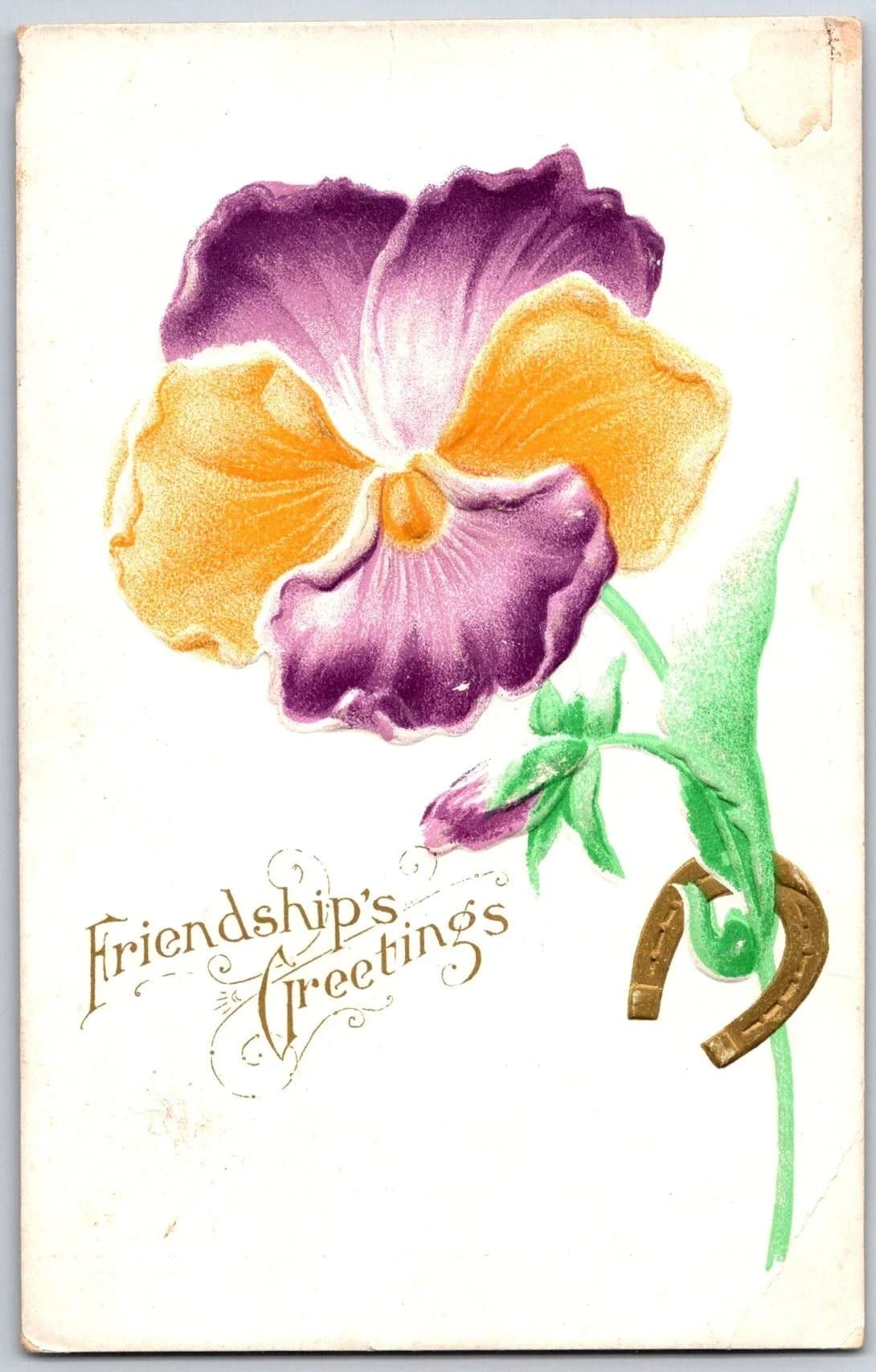 Friendship Greetings Pansy Lucky Horseshoe Embossed 1911 Postcard
