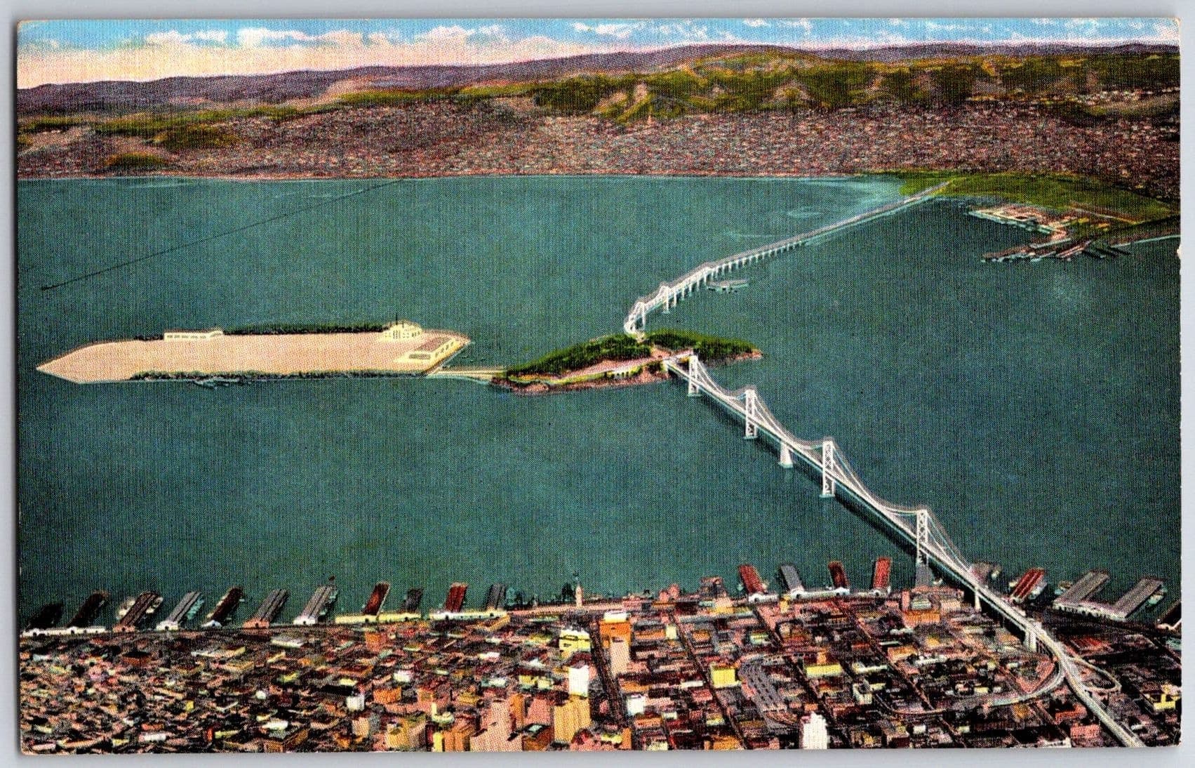 SAN FRANCISCO BAY BRIDGE Treasure Island Aerial View California Postcard