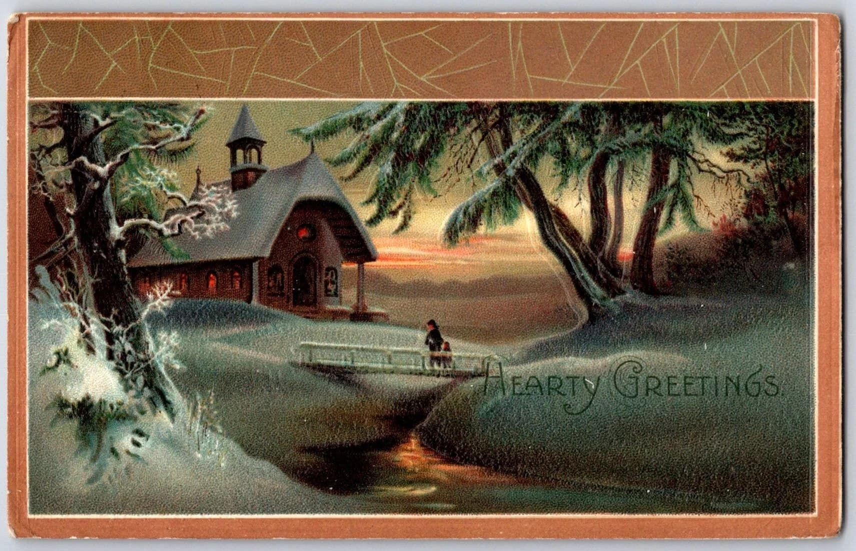 1907 Hearty Greetings Winter Church Snow Bridge Embossed Germany Postcard