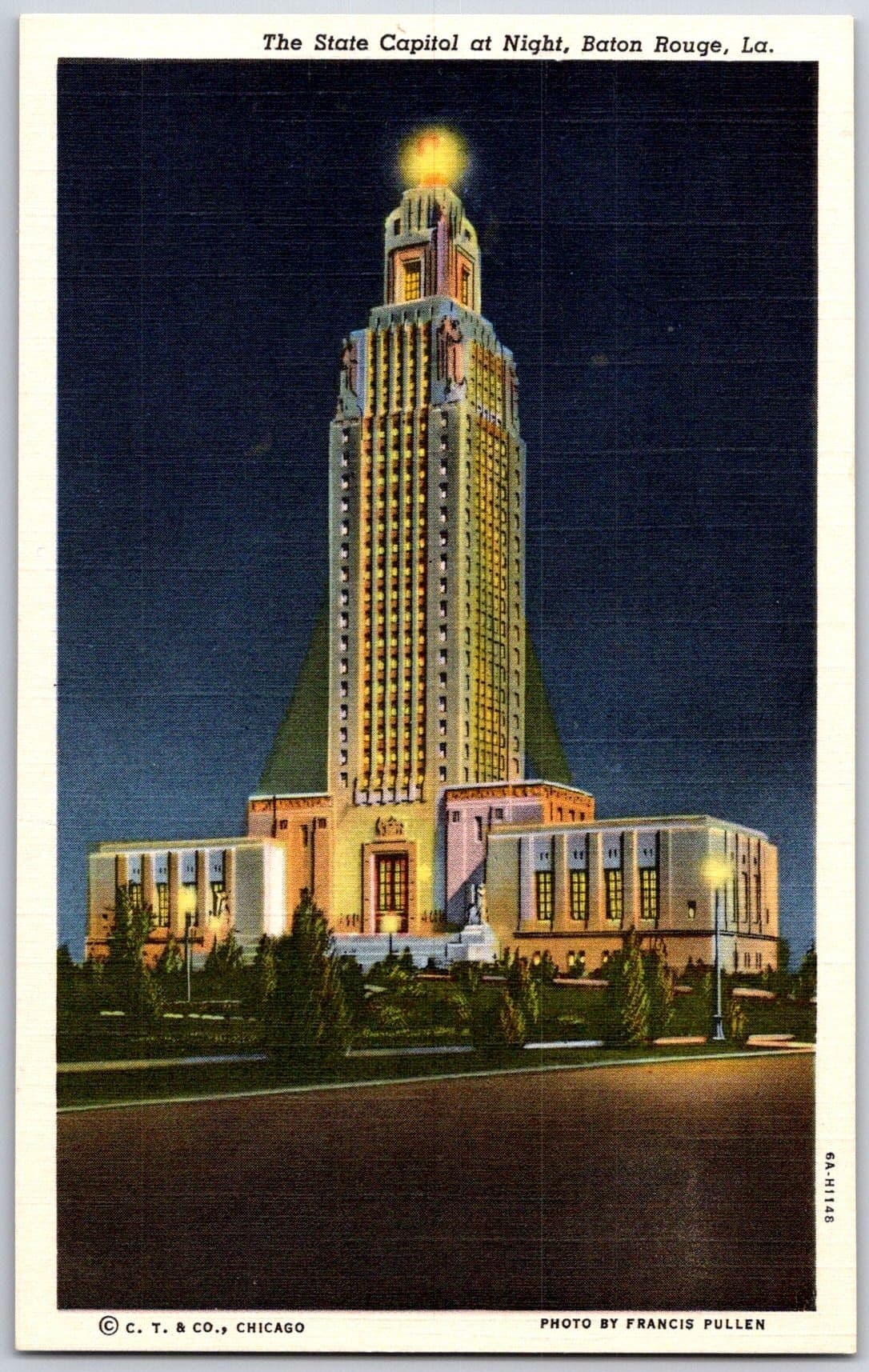 Baton Rouge Louisiana LA STATE CAPITOL Huey Long Assassination, Night View Linen