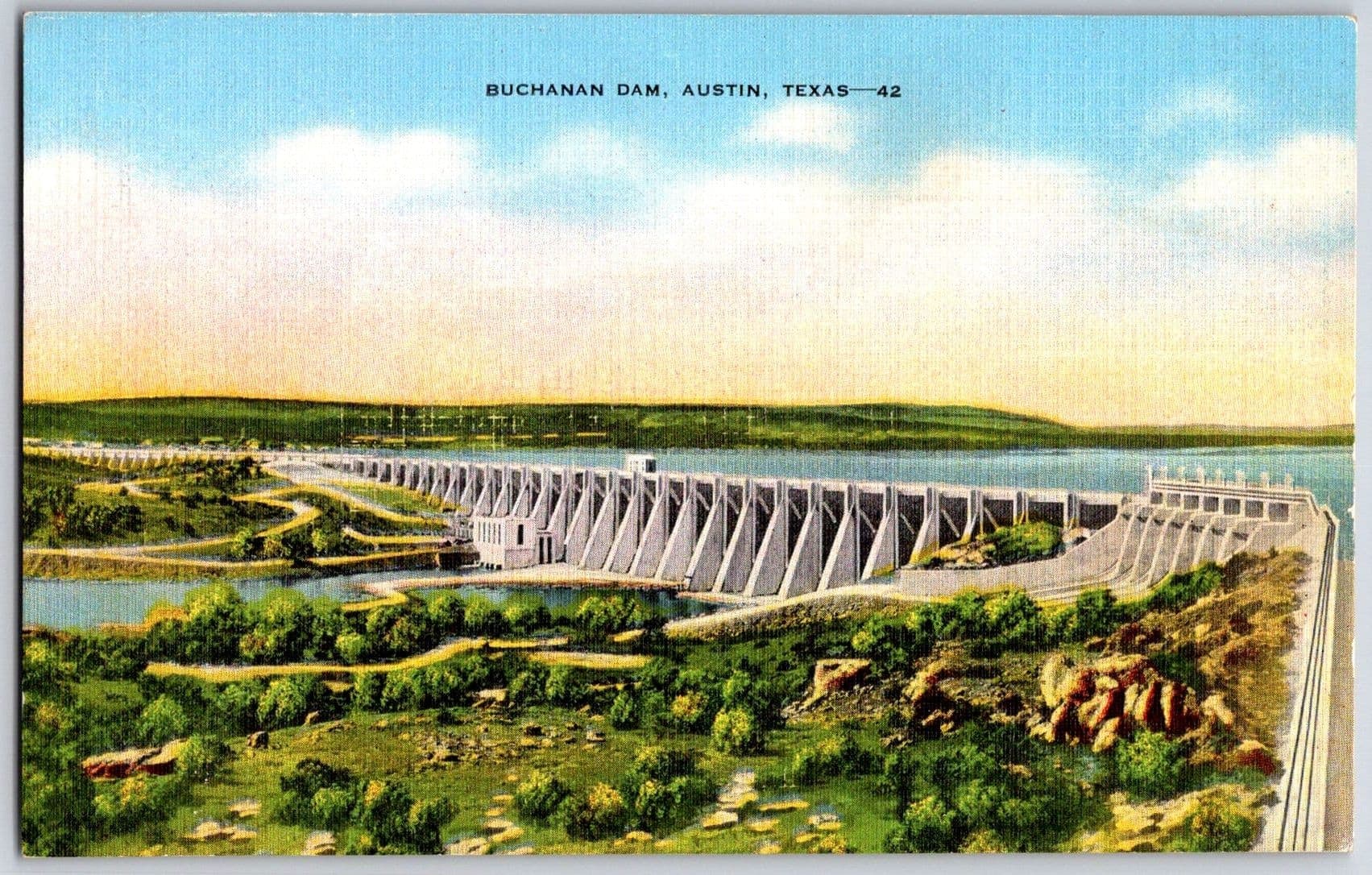 BUCHANAN DAM Austin TX Linen Postcard Colorado River Water Control