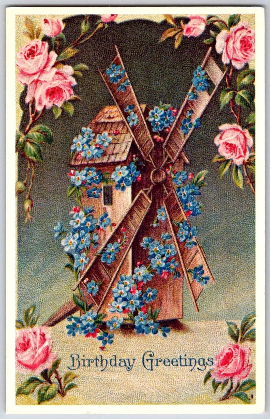 Birthday Greetings Windmill Roses Forget-Me-Nots Floral Postcard