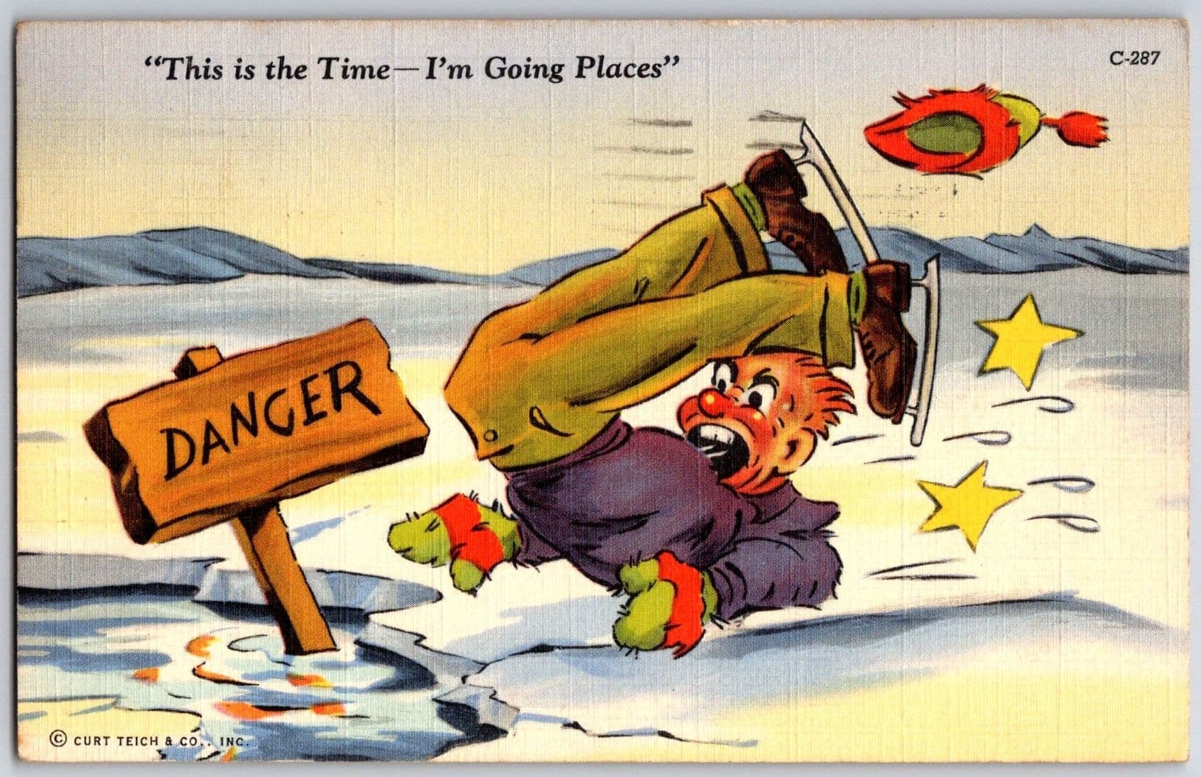Cartoon of Falling Man I'M GOING PLACES Ice Skating DANGER Humorous Postcard