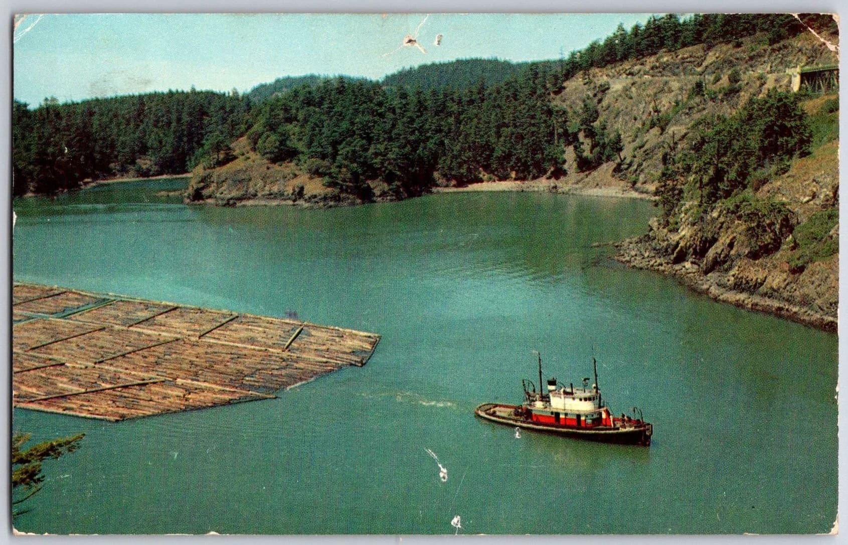 Puget Sound Log Raft Tug Deception Pass Washington Linen Postcard