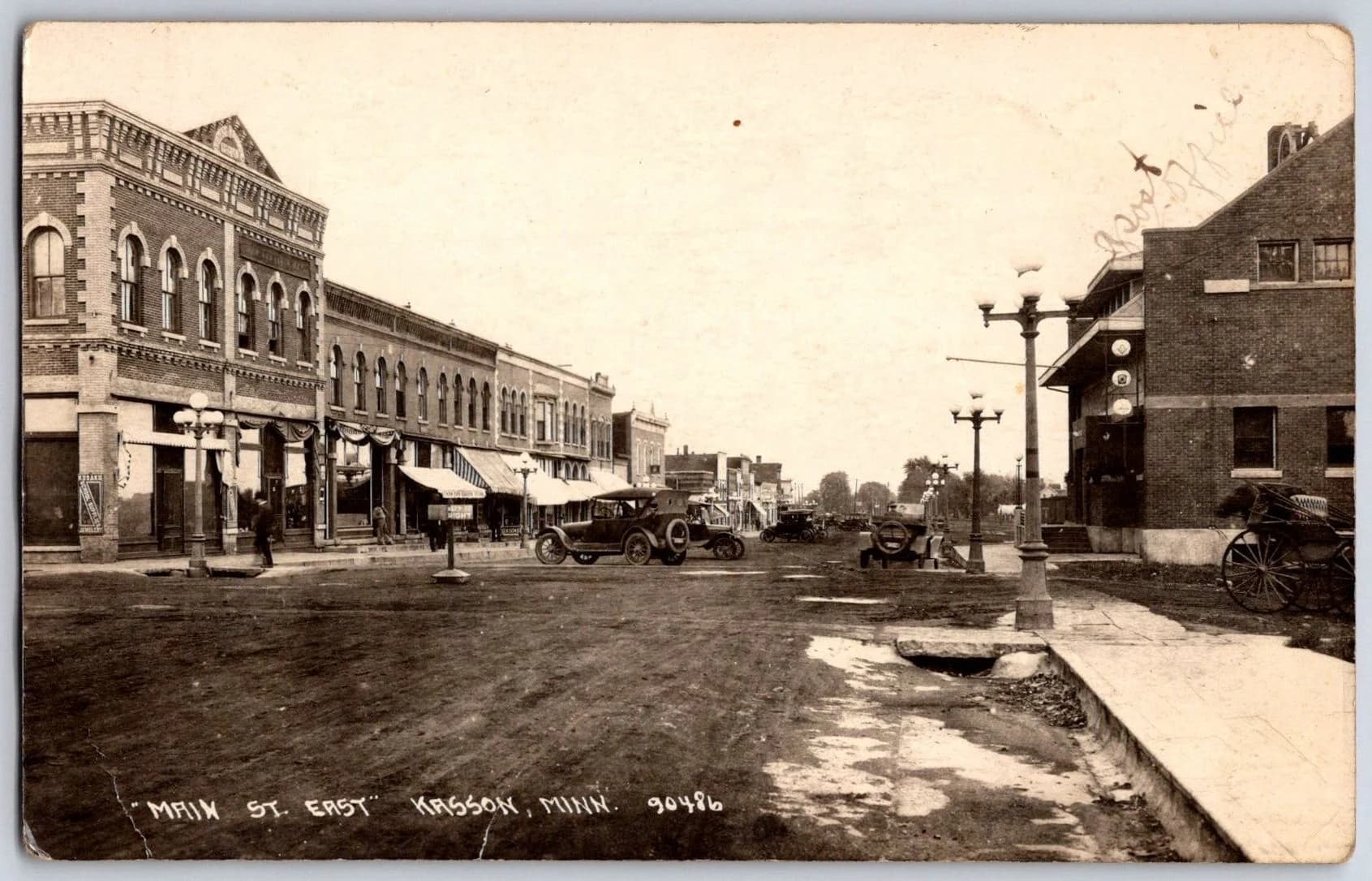 Main Street East Kasson Minnesota MN 1920 Autos Ornamental Streetlights RPPC