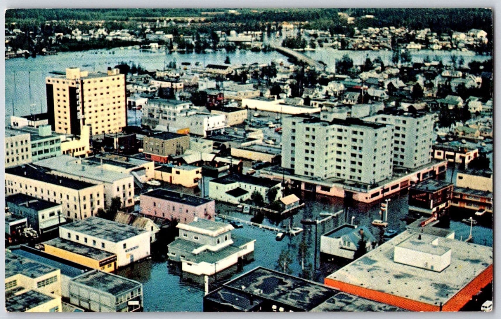 Vintage Downtown Fairbanks Alaska During 1967 Flood Postcard Unposted Chrome