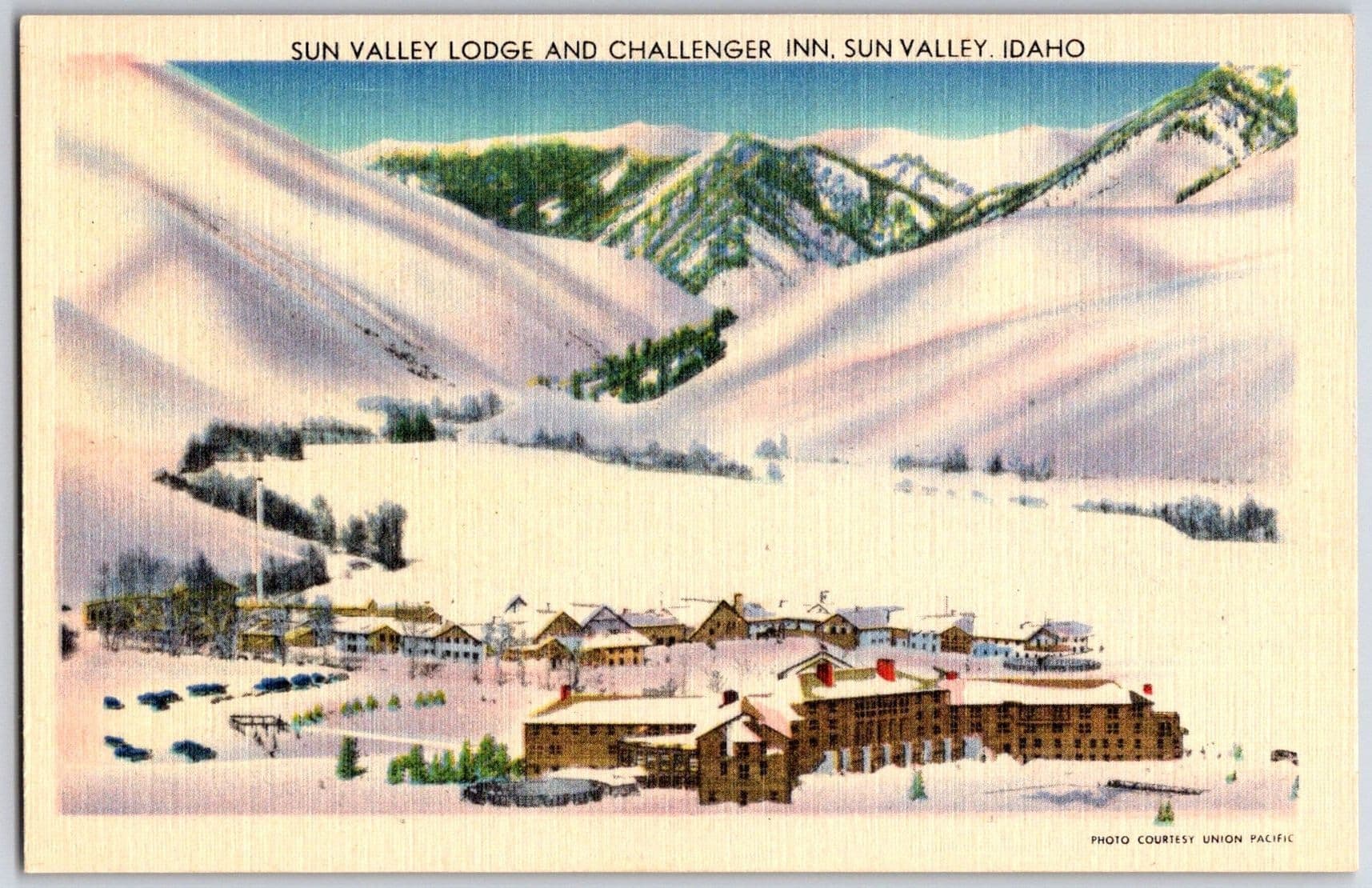 Sun Valley Lodge Challenger Inn Union Pacific Ski Resort Idaho ID Linen Postcard