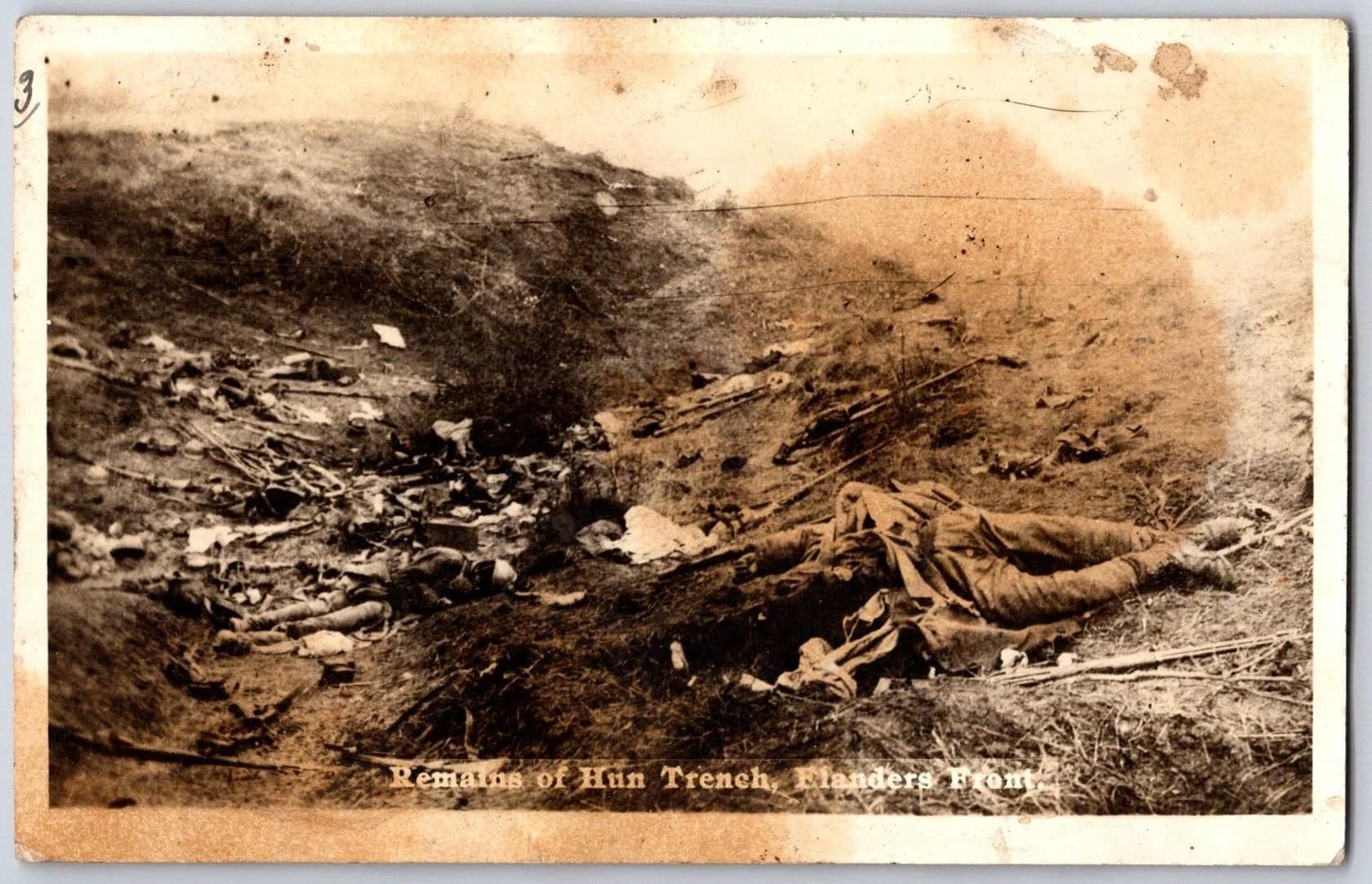 WWI Flanders Front German Trench Dead Soldiers AZO RPPC Postcard