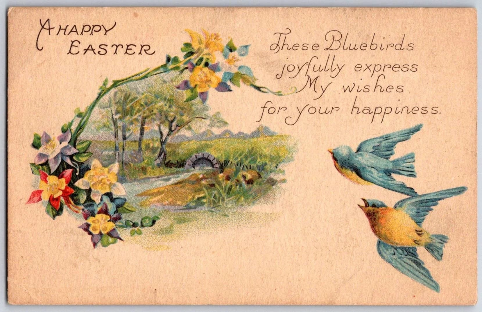 Happy Easter Bluebirds Floral Bridge Greeting Postcard Series 1214 D