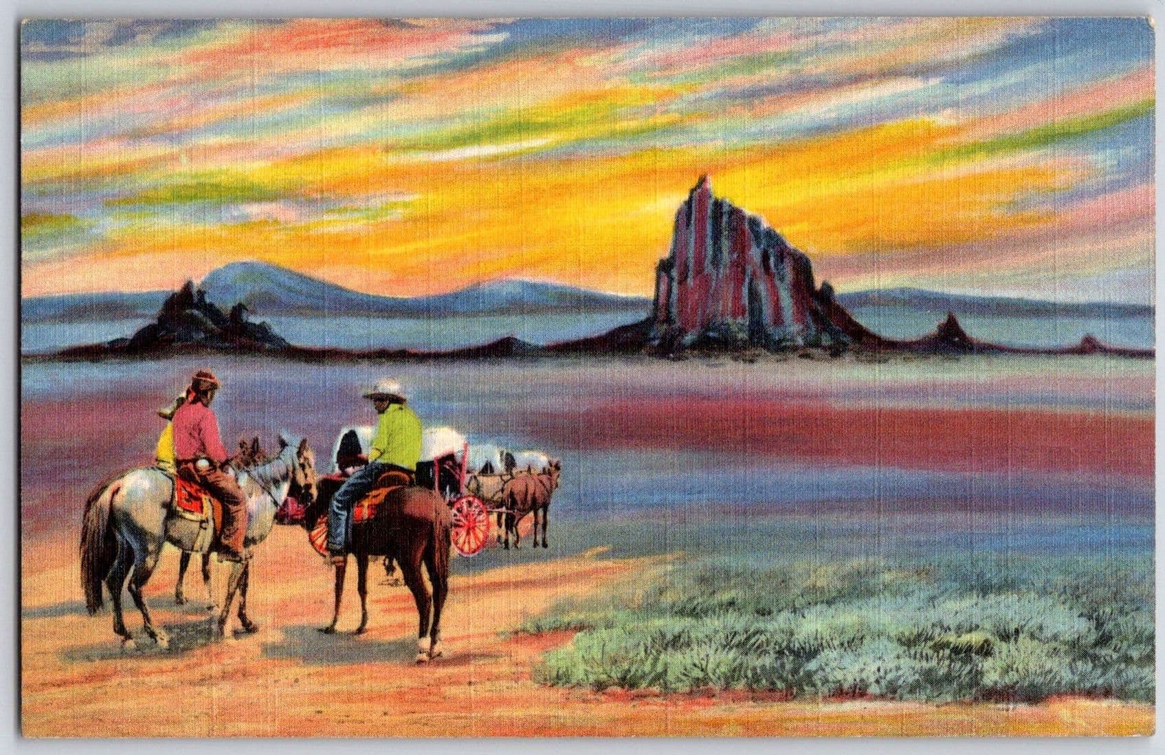 Shiprock Horse Riders Covered Wagon New Mexico NM 1941 Linen Postcard