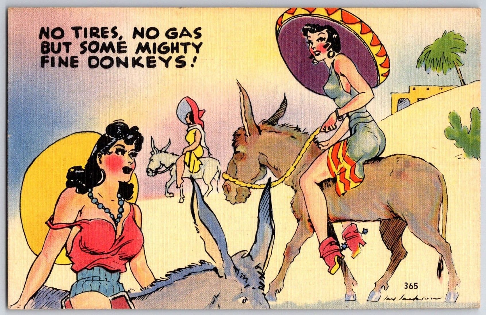 WOMEN RIDING DONKEYS Humorous Postcard NO TIRES NO GAS