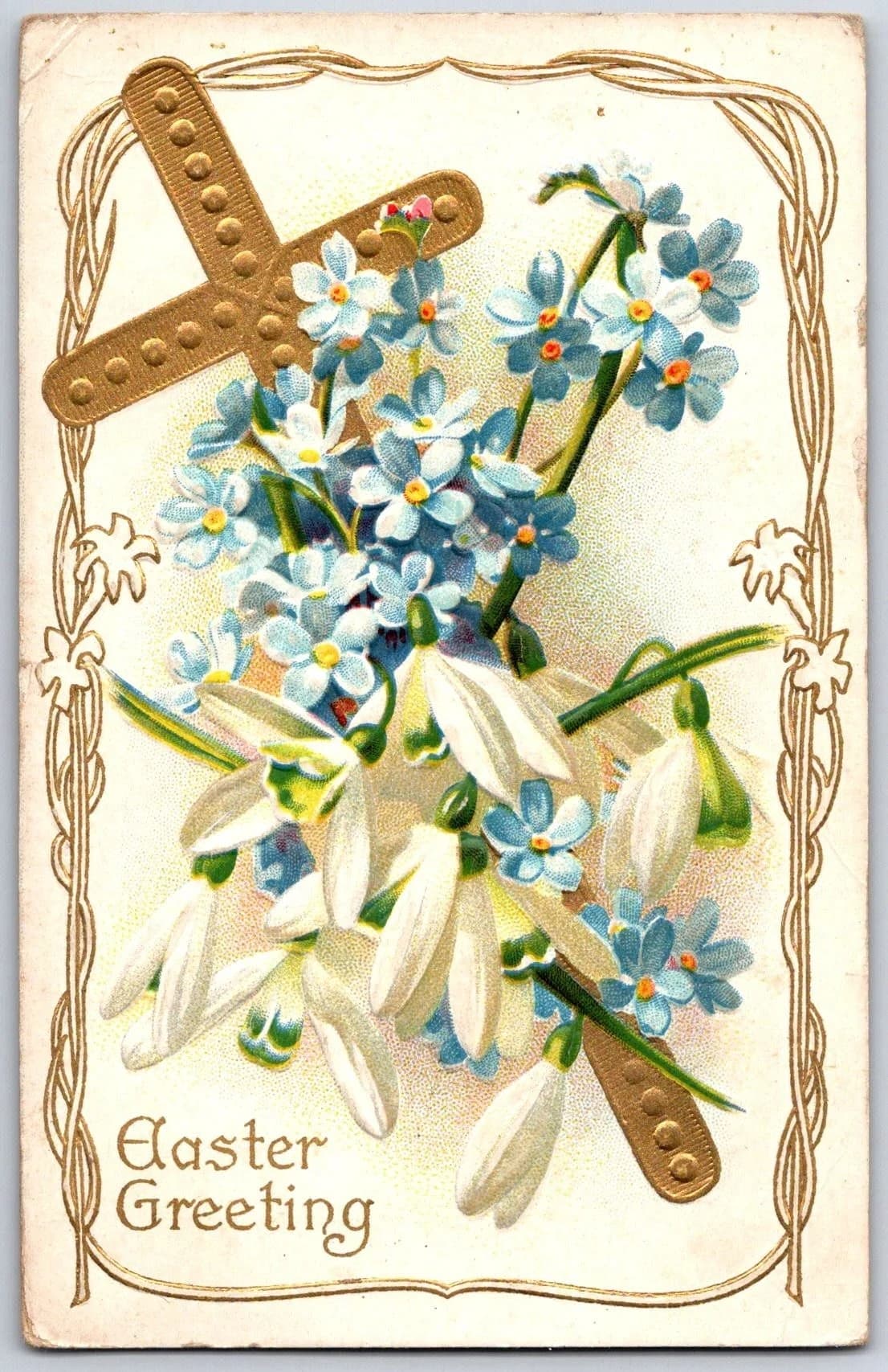Easter Greeting Gold Cross Forget-Me-Nots Snowdrops Embossed Postcard