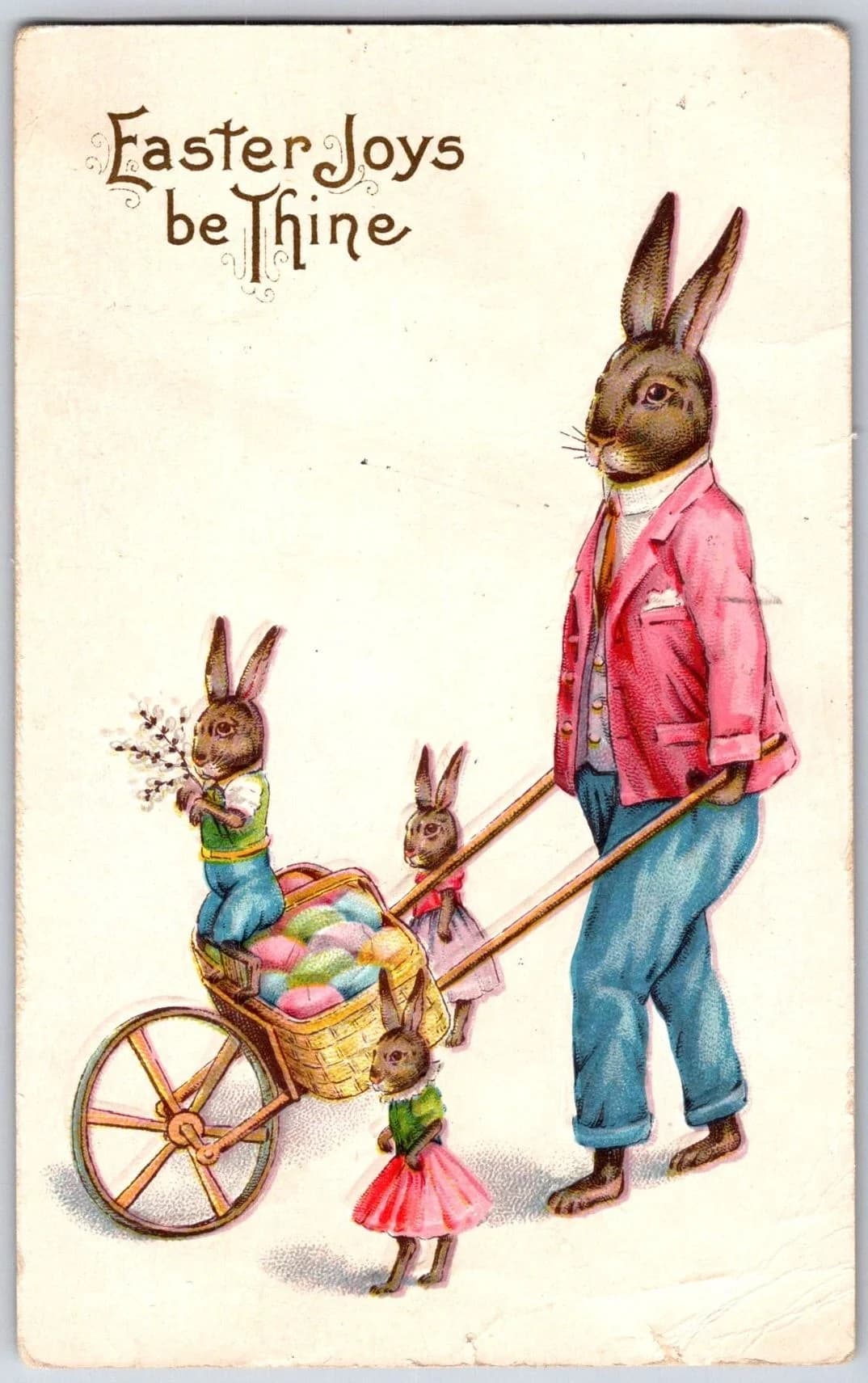 Easter Anthropomorphic Rabbits Family Egg Cart Wheelbarrow Postcard