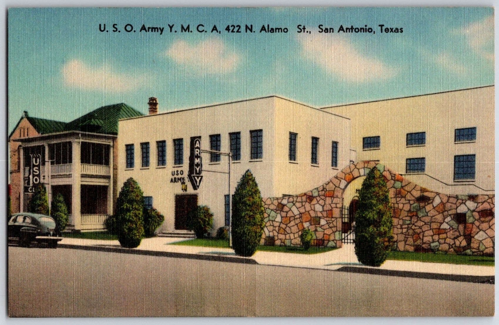 USO Army YMCA 422 North Alamo Street San Antonio Texas TX Linen Postcard