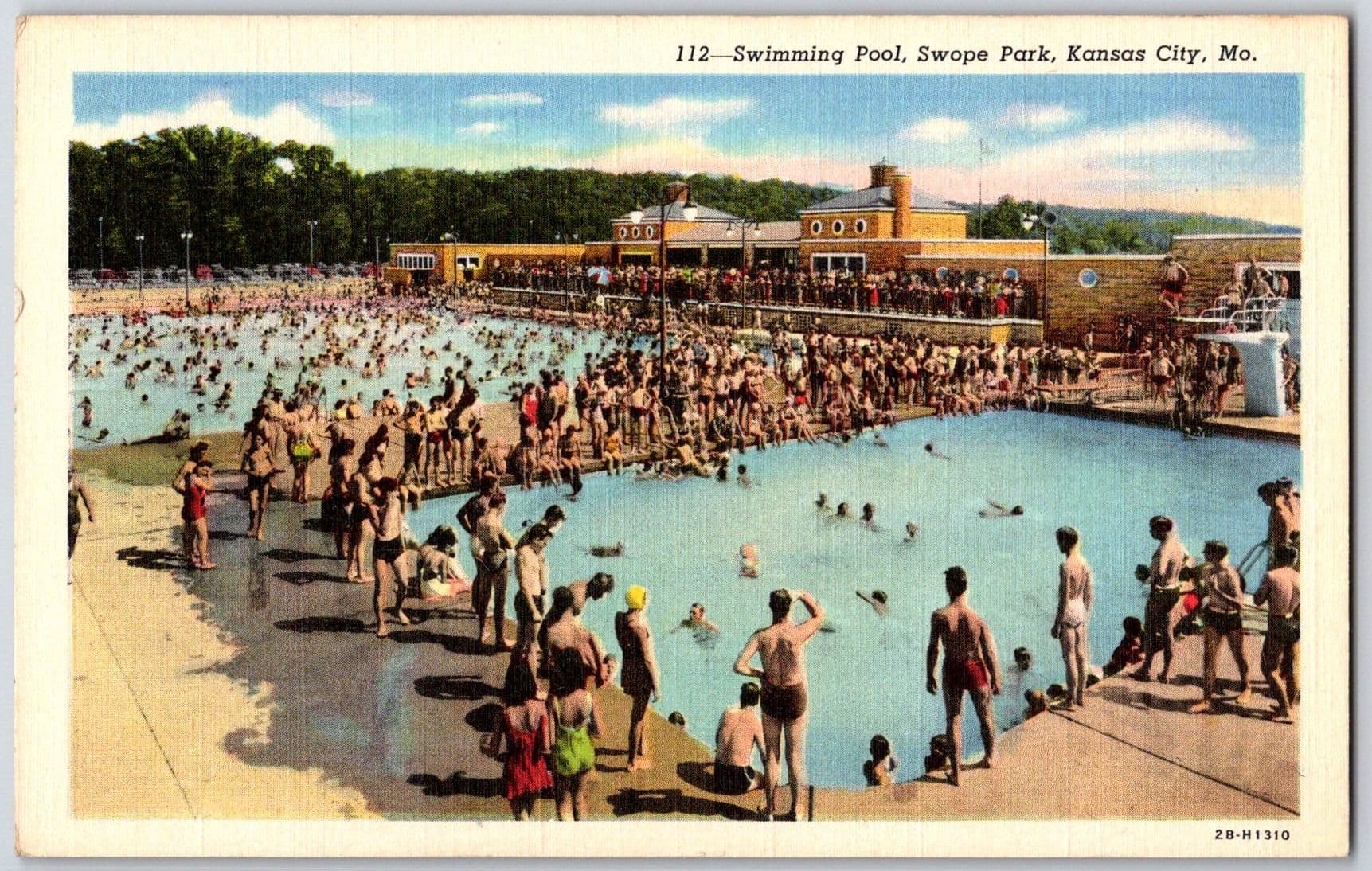 Swope Park Swimming Pool Crowded Bathers Kansas City Missouri MO Linen Postcard