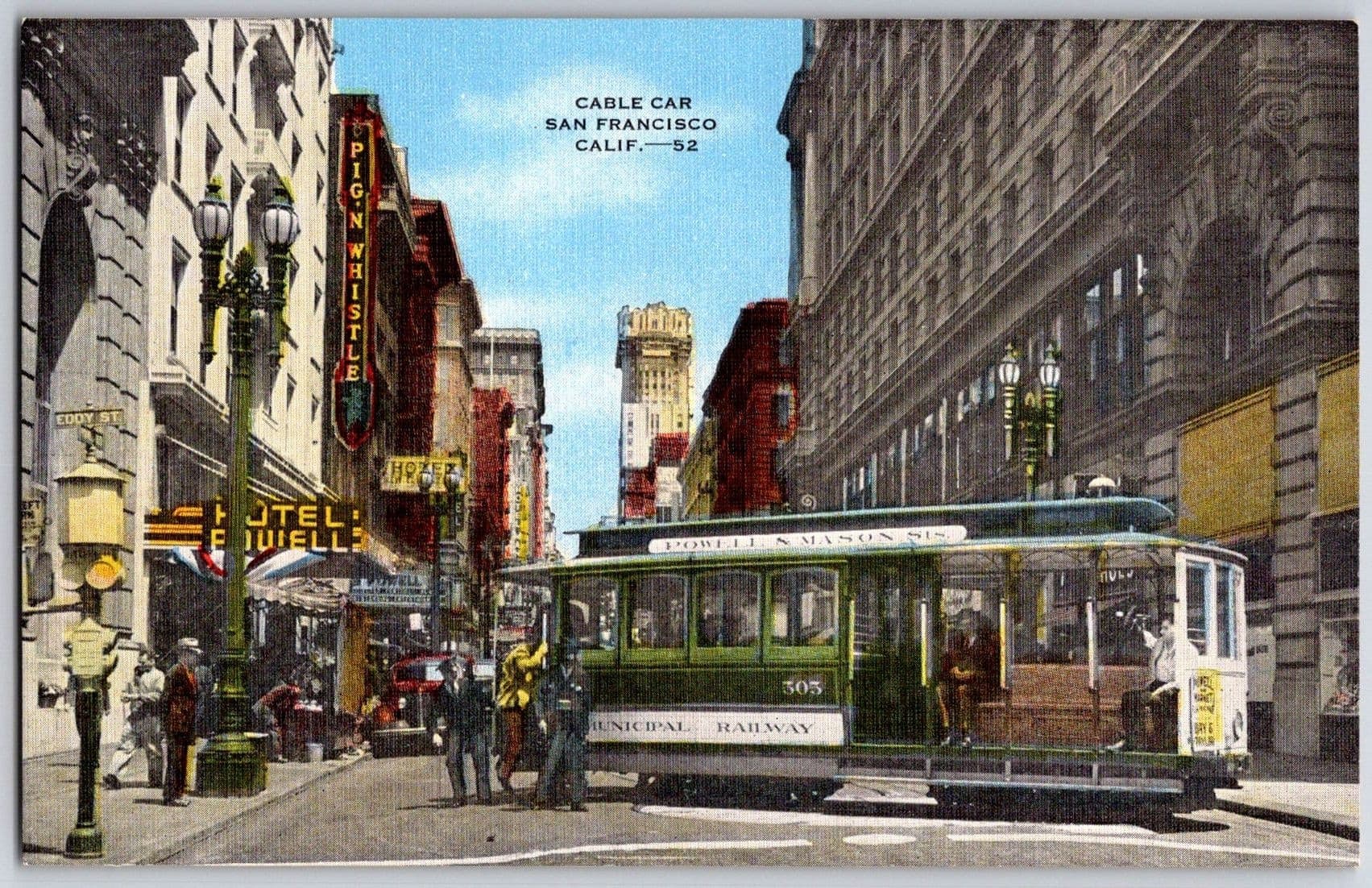 San Francisco CA POWELL MASON Cable Car Turntable Pig'n Whistle Postcard