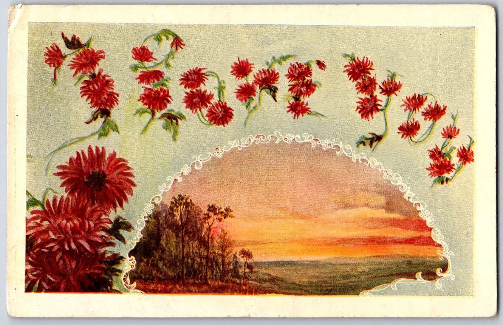 Red Chrysanthemums Sunset Landscape No 557 Floral Art Postcard