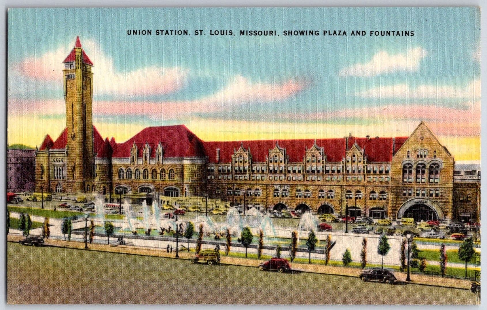 St Louis Union Station Aloe Plaza Carl Milles Missouri MO Linen Postcard