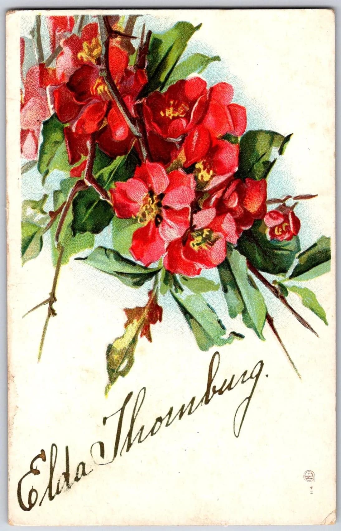 Edna Thornburg Red Flowers Embossed Personalized Name Postcard