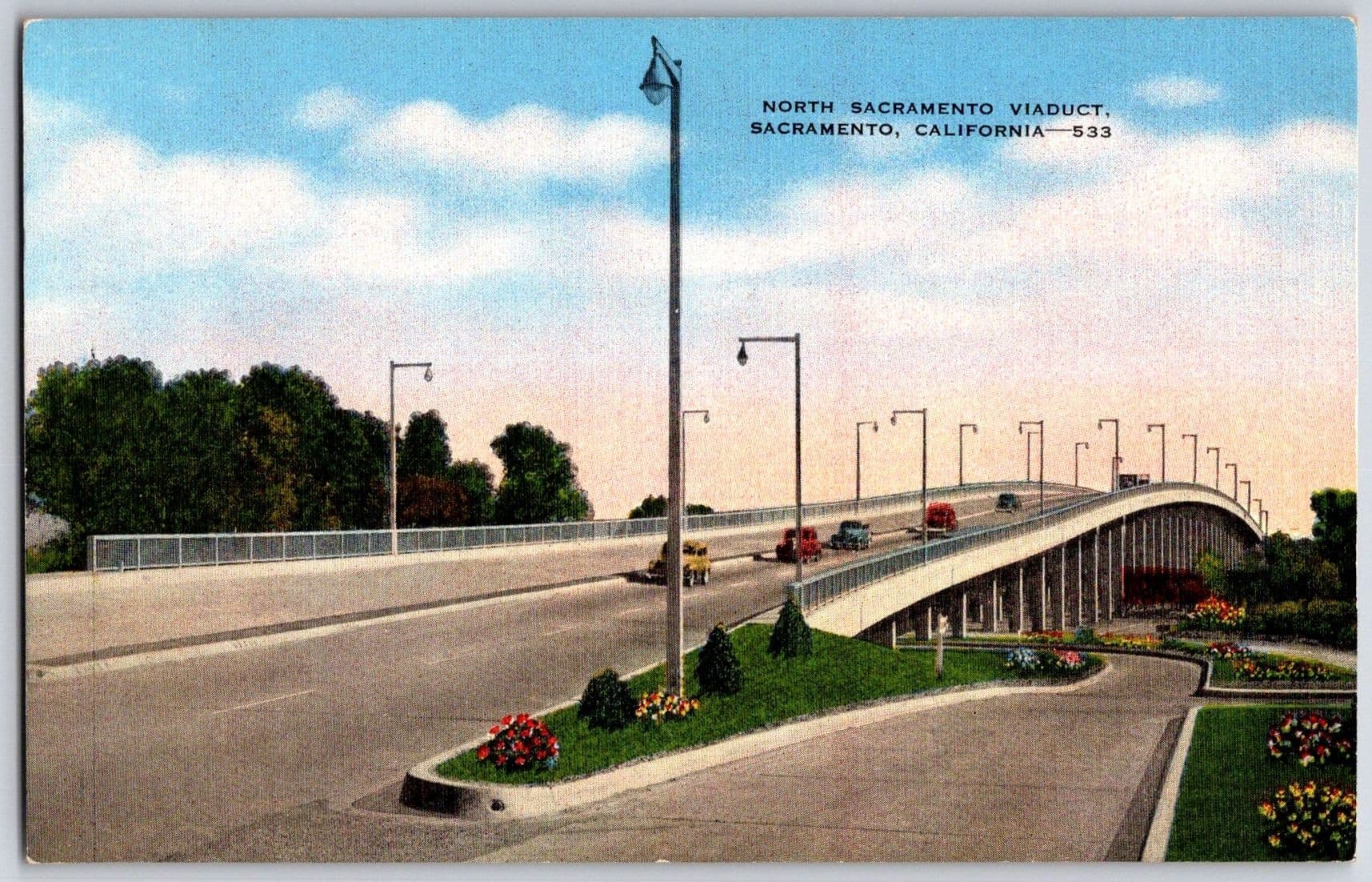 North Sacramento Viaduct American River California CA Linen Postcard