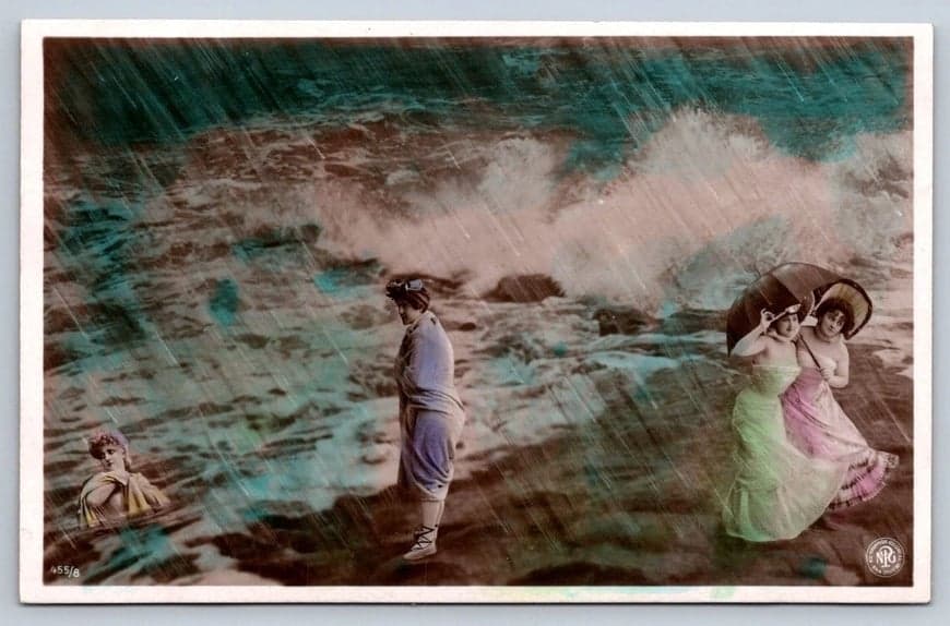 Bathing Beauties, Staged Beach Scene, Hand Tinted 1905 RPPC