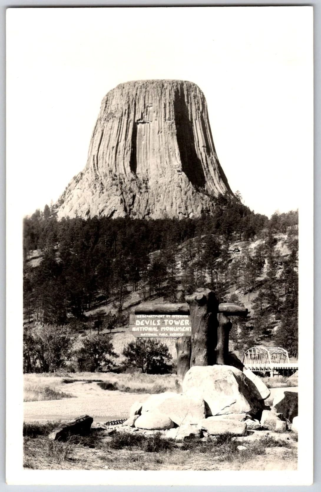 Devils Tower Wyoming WY Entrance Sign Belle Fourche River Bridge RPPC Postcard