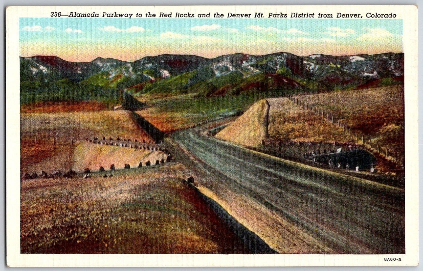 Alameda Parkway to Red Rocks Denver Mountain Parks Colorado CO Linen Postcard