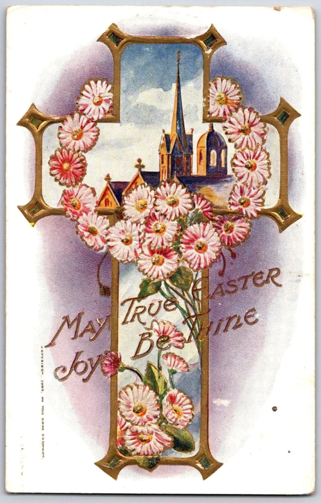Easter Cross Church Daisies Rotograph Co 1907 Embossed Postcard