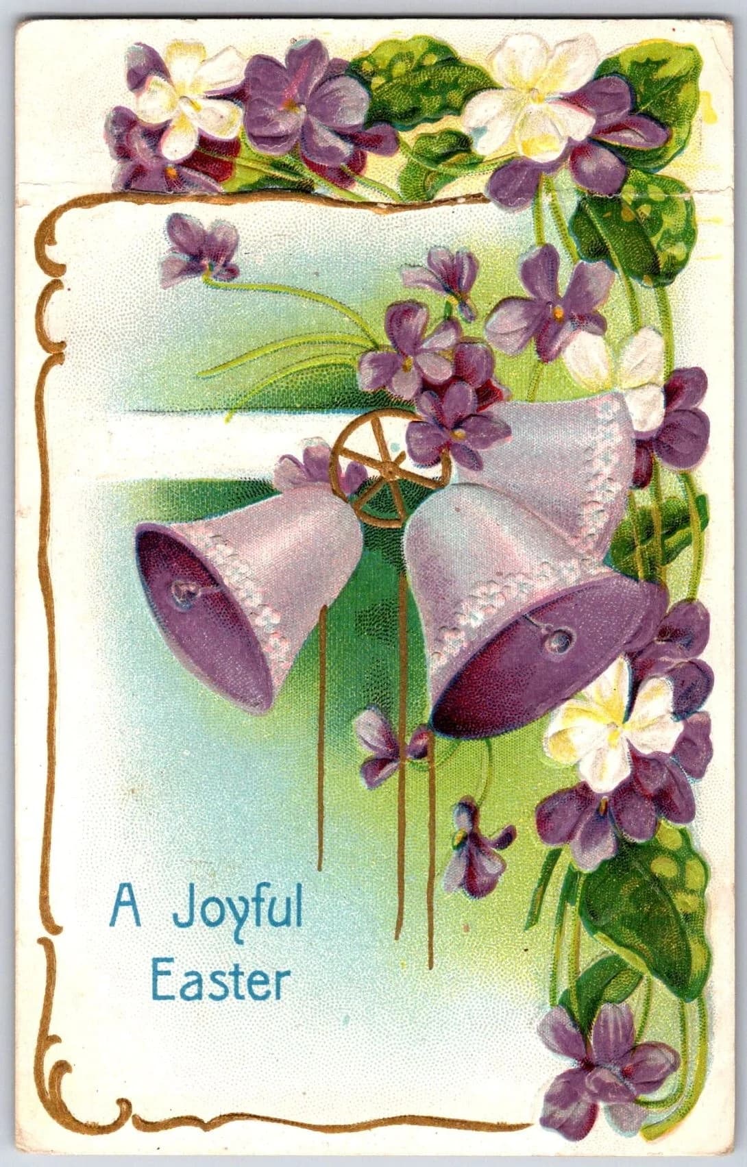 Purple Easter Bells Violets Embossed A Joyful Easter Series A.C. Postcard