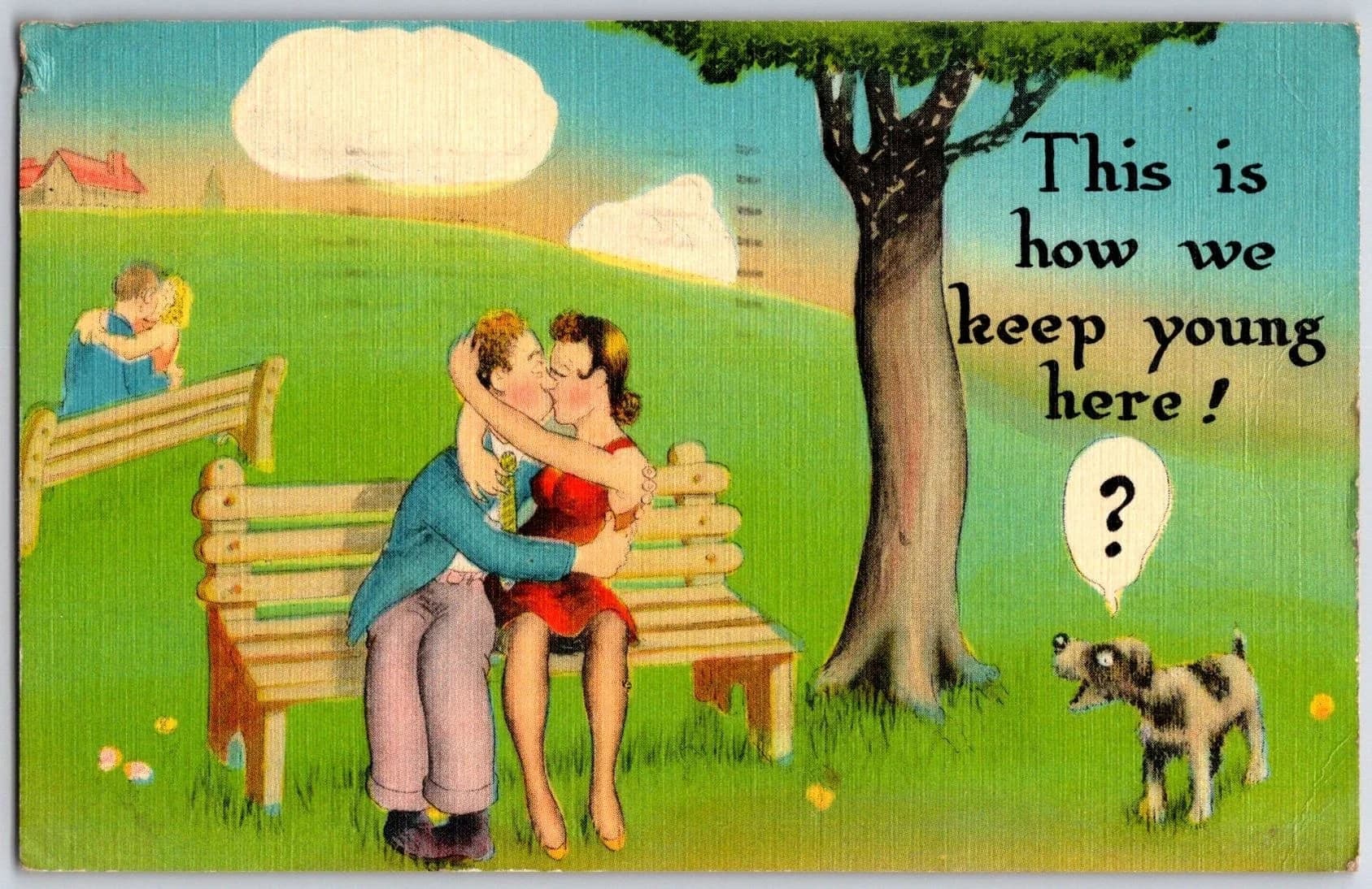 THIS IS HOW WE KEEP YOUNG HERE Couple Kissing Dog Humor Linen Postcard