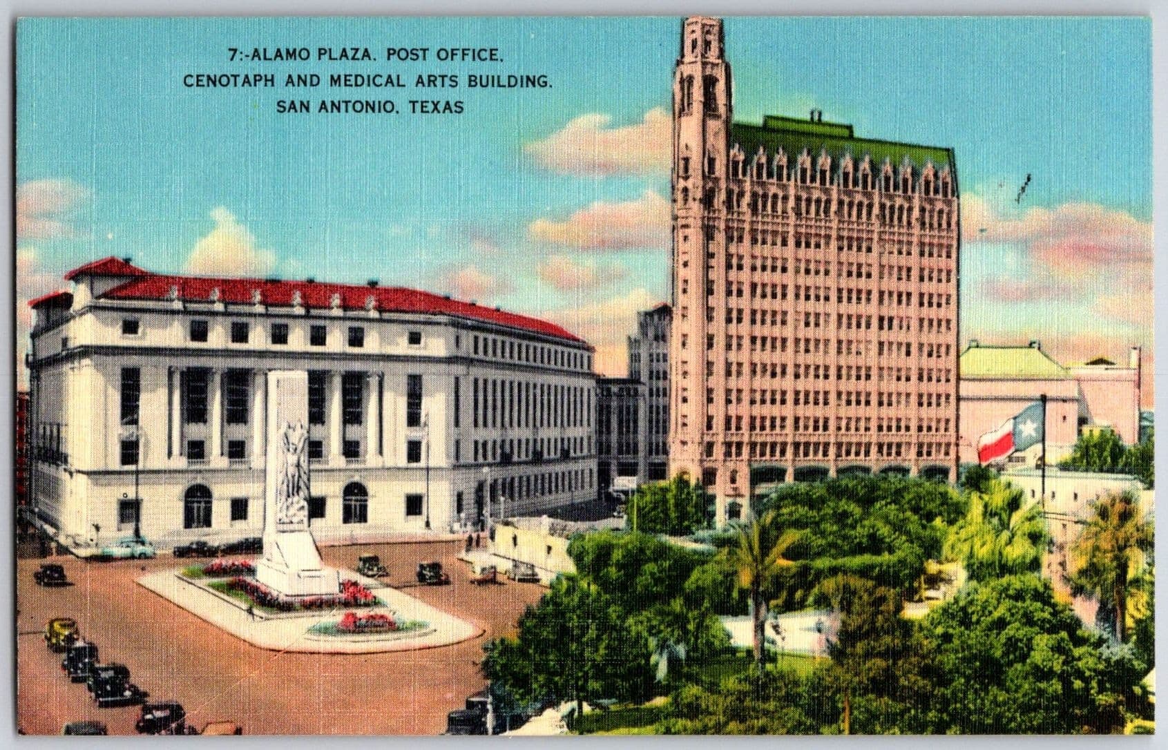 San Antonio Texas TX ALAMO PLAZA Cenotaph Emily Morgan Hotel Linen Postcard