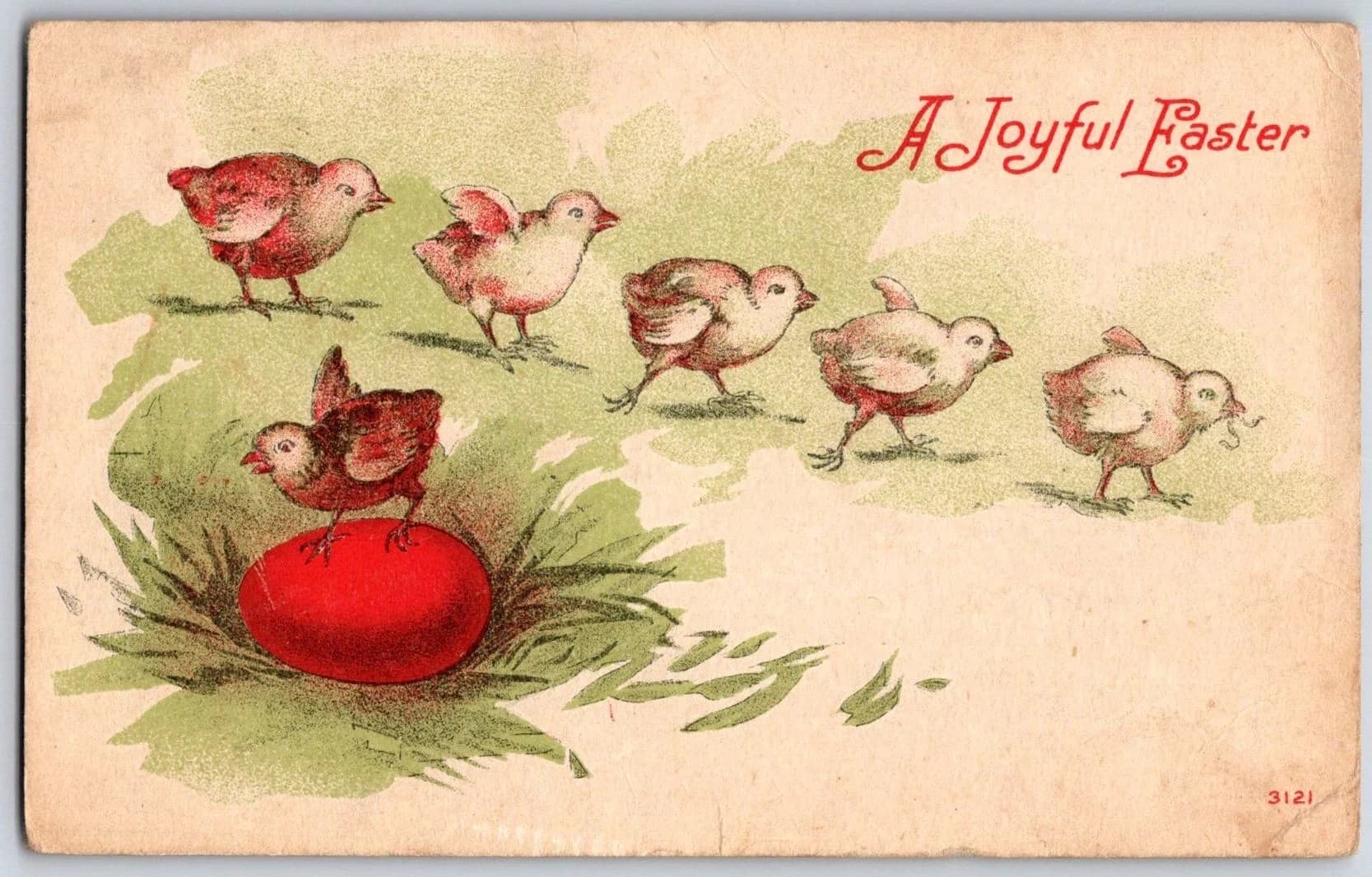 Joyful Easter Chicks Red Egg 1909 Series 3121 Holiday Postcard