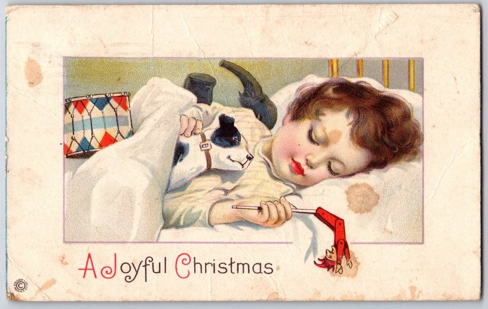 Joyful Christmas Sleeping Child Toys 1918 Influenza Flu Message Postcard