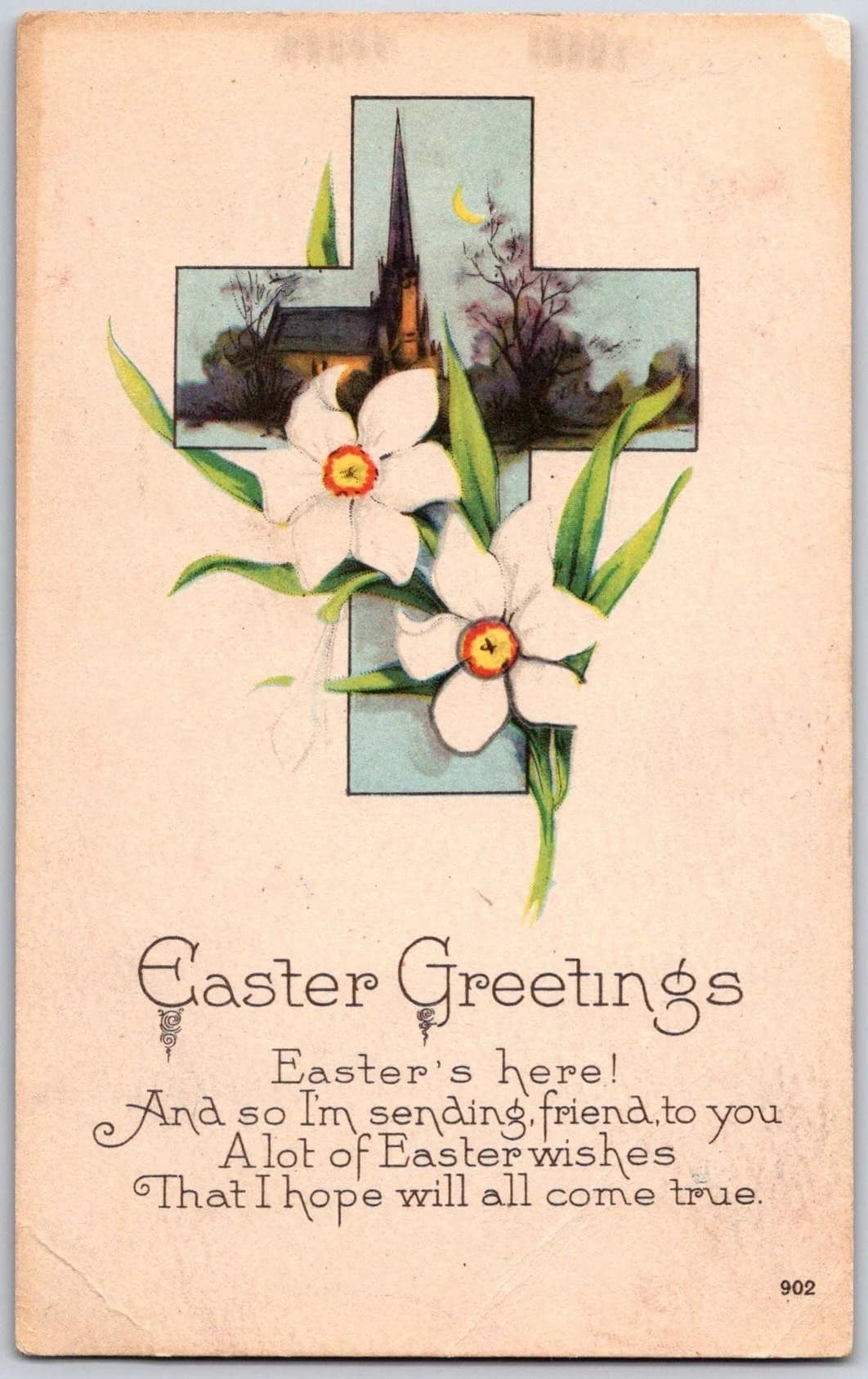 Easter Greetings Church Cross Daffodils Karle Lithographic Series 902 Postcard