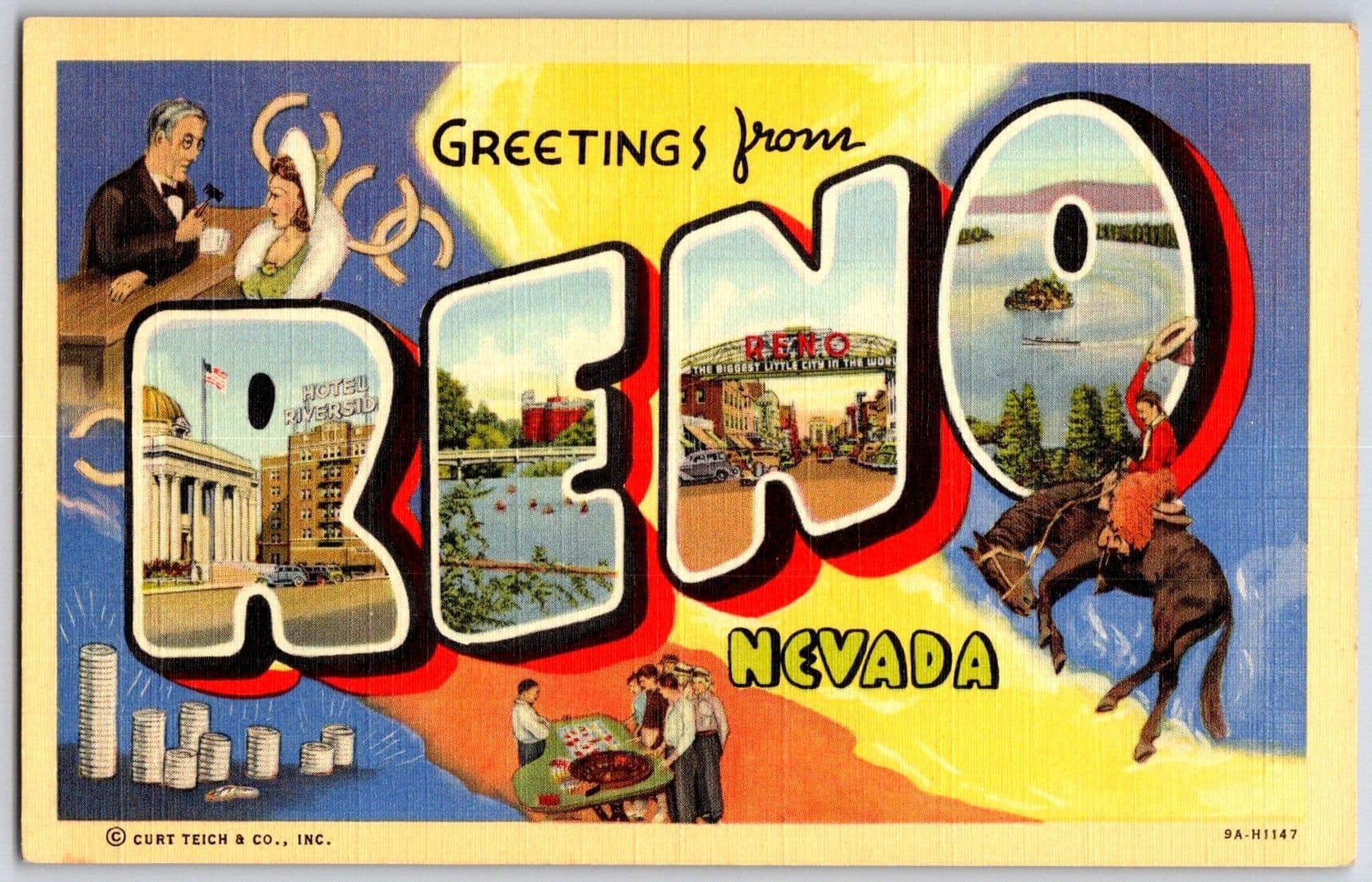 Reno Nevada NV Large Letter Hotel Riverside Casino Gambling Linen Postcard