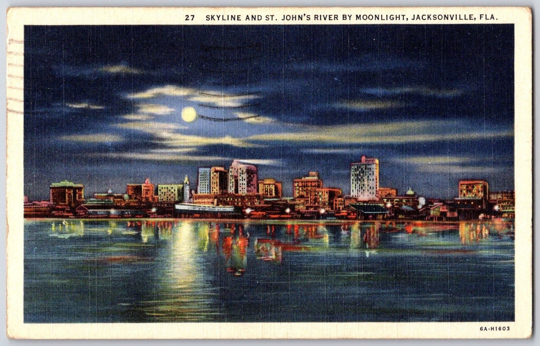 St Johns River Moonlight Skyline Jacksonville Florida FL 1942 Linen Postcard