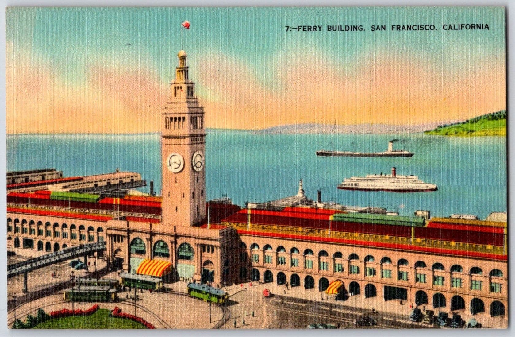 Ferry Building Streetcars Ferryboat San Francisco California CA Linen Postcard