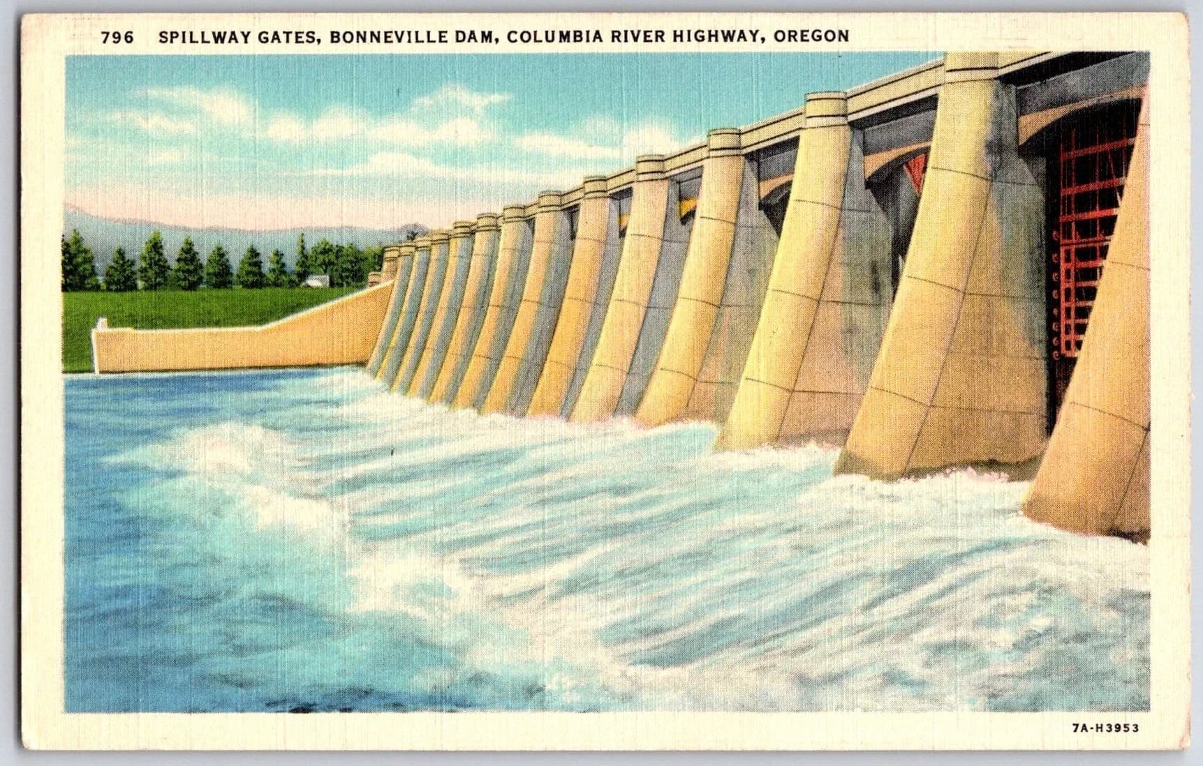 Bonneville Dam Spillway Gates Columbia River Highway Oregon Linen Postcard