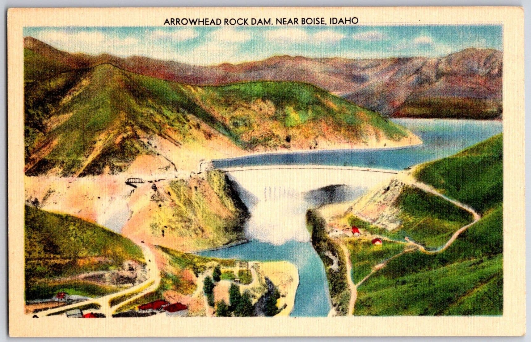 Boise Idaho ID ARROWHEAD ROCK DAM Reservoir Aerial View Linen Postcard