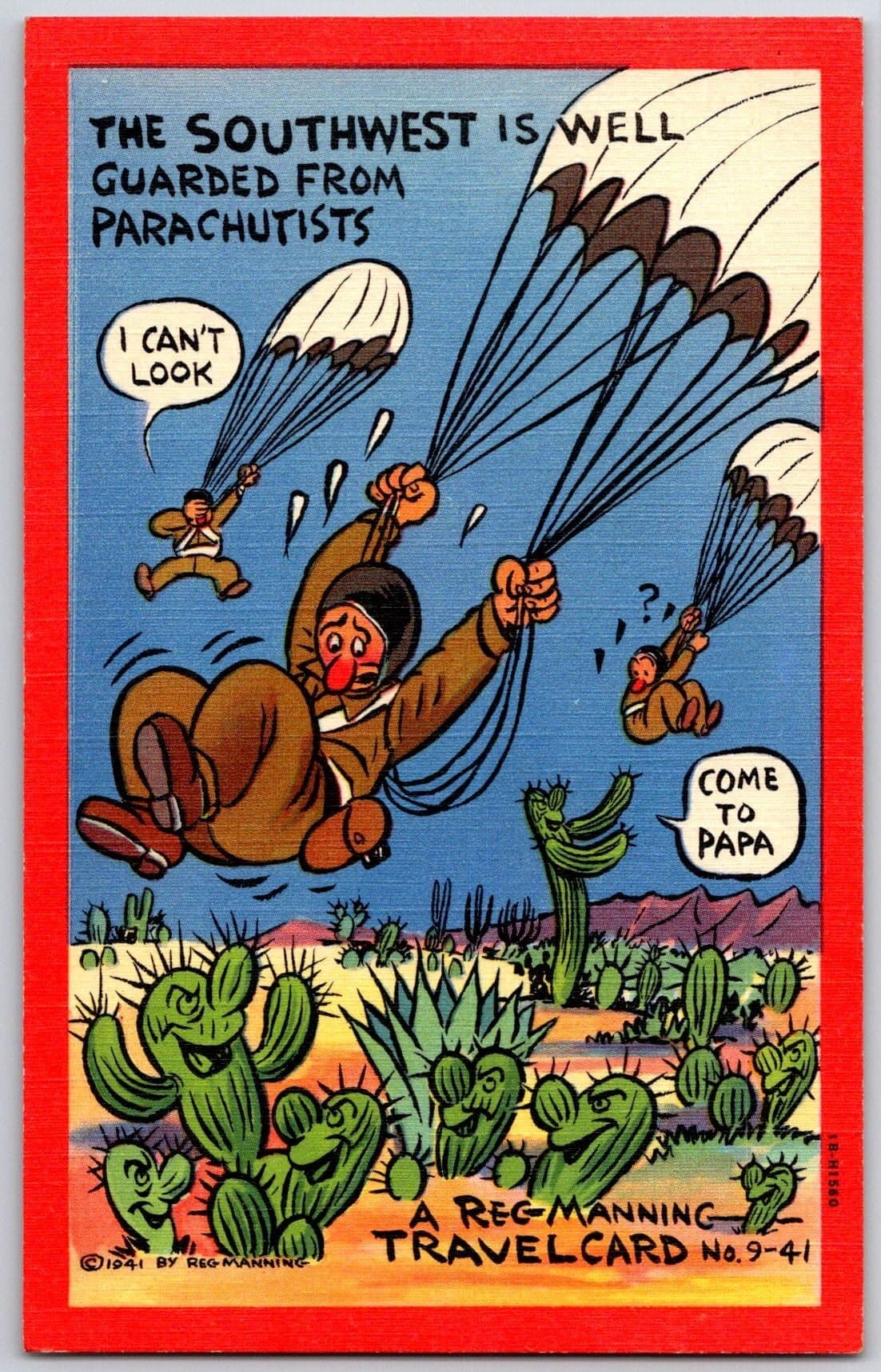 PARACHUTISTS Southwest Humorous Cartoon Cacti Reg Manning Postcard