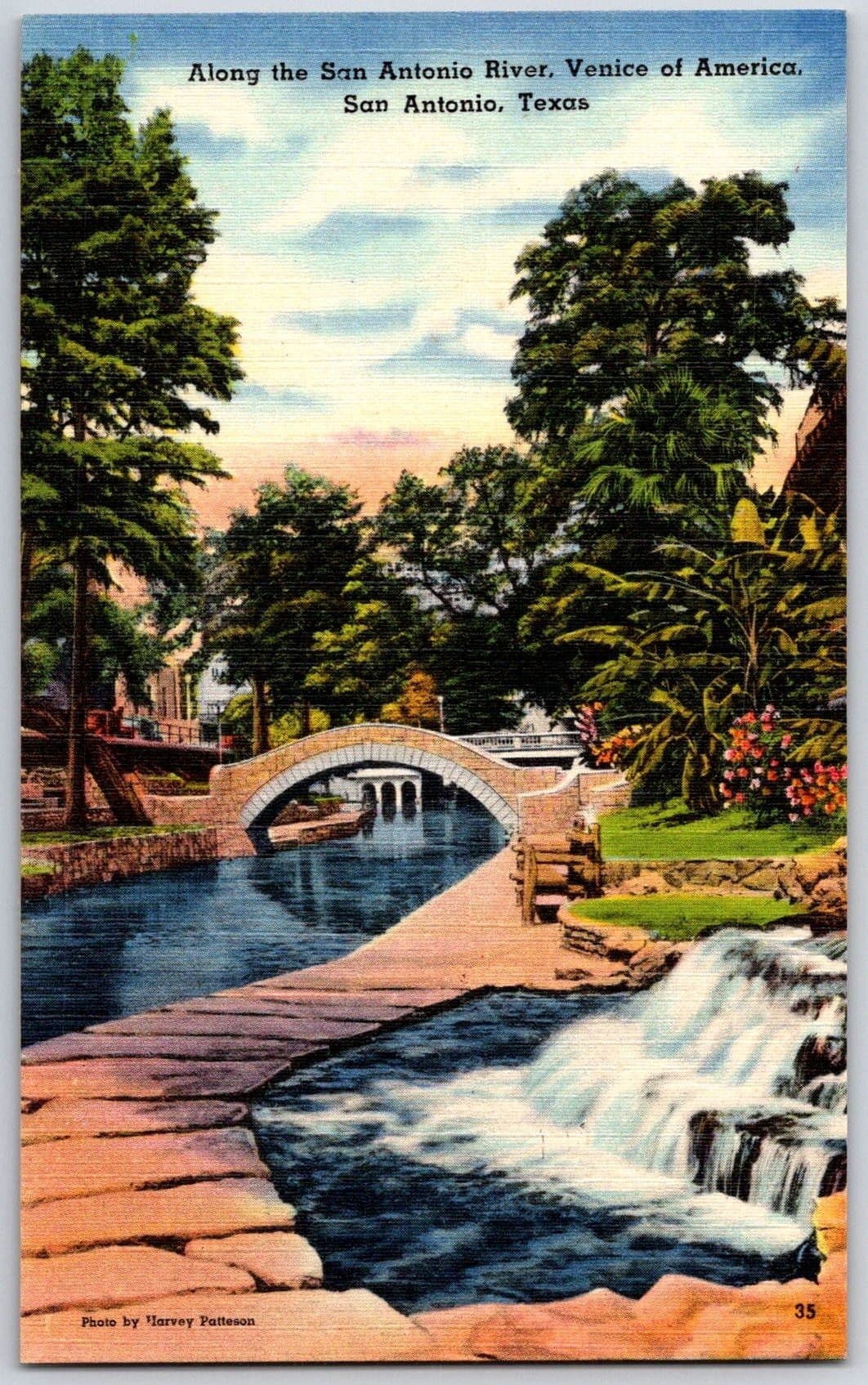 SAN ANTONIO RIVER San Antonio TX Linen Postcard Stone Arch Bridge