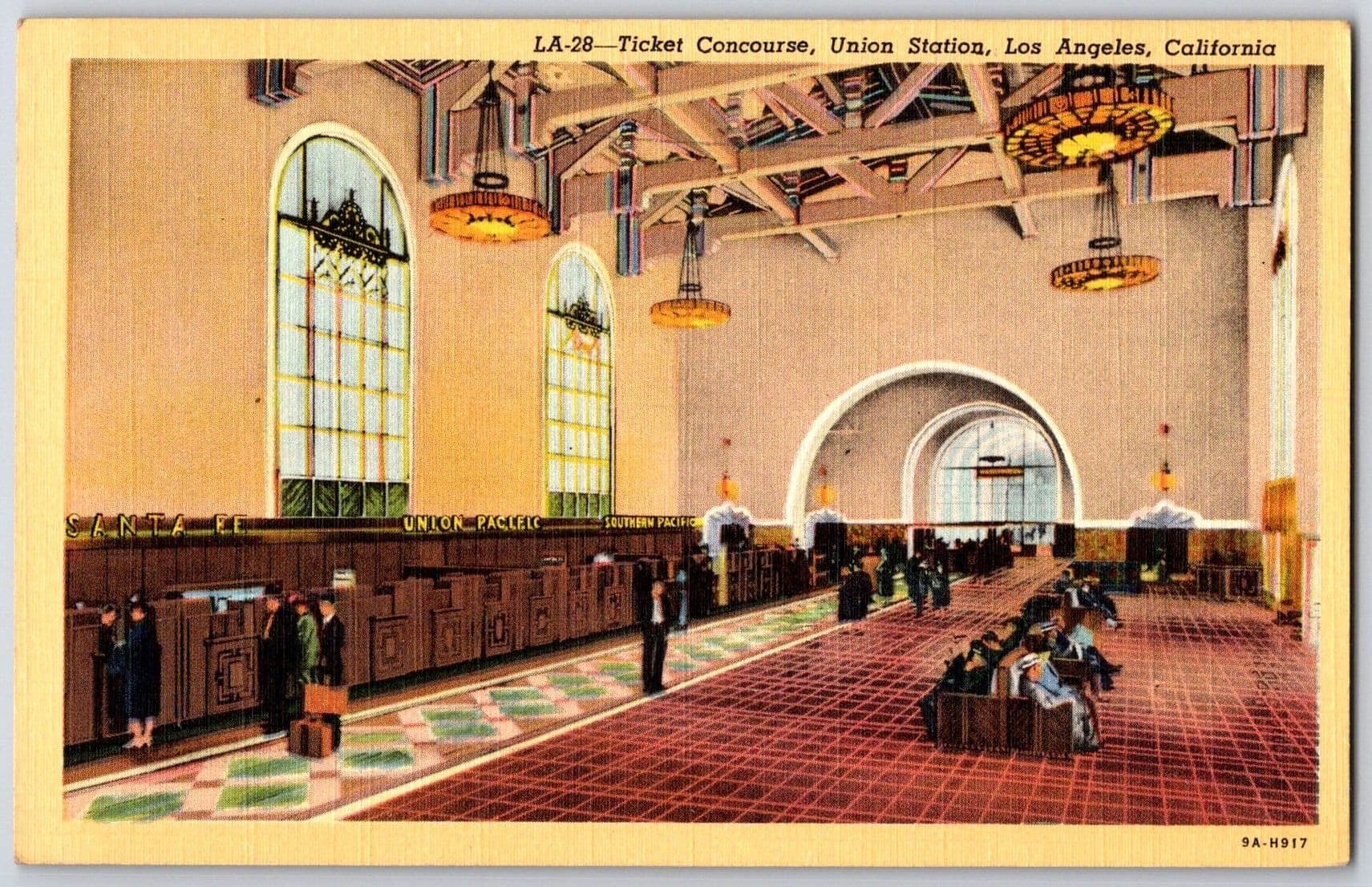 Los Angeles Union Station Ticket Concourse Santa Fe California CA Linen Postcard